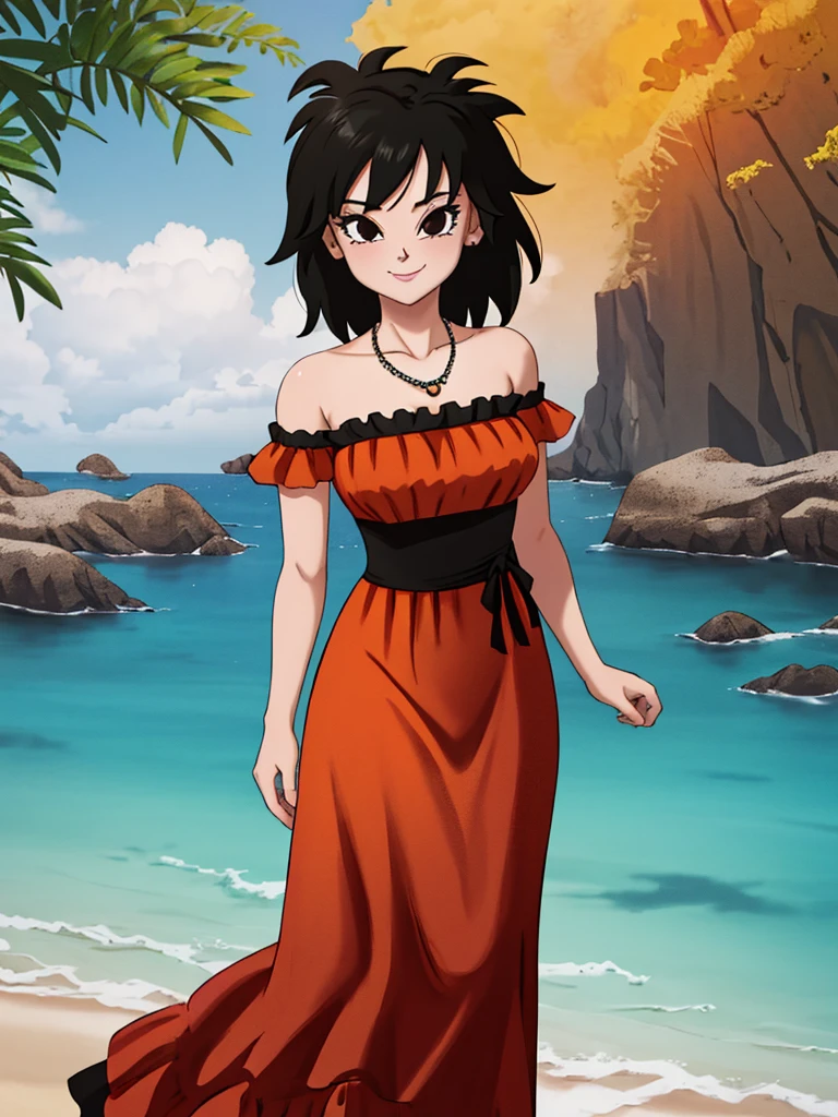 Gine as a flamenco dancer, masterpiece, best quality, ultra detailed, 8k, 4k, half body, cowboy shot, Gine, 1 girl, solo, smile, looking at viewer, full body, black hair, short hair, hand on hip, bare shoulder, bare arms, medium breast, necklace, seductive, strapless, a flamenco dress, orange ruffle off the shoulder lace top, black maxi dress, beach, ocean, sunny day.