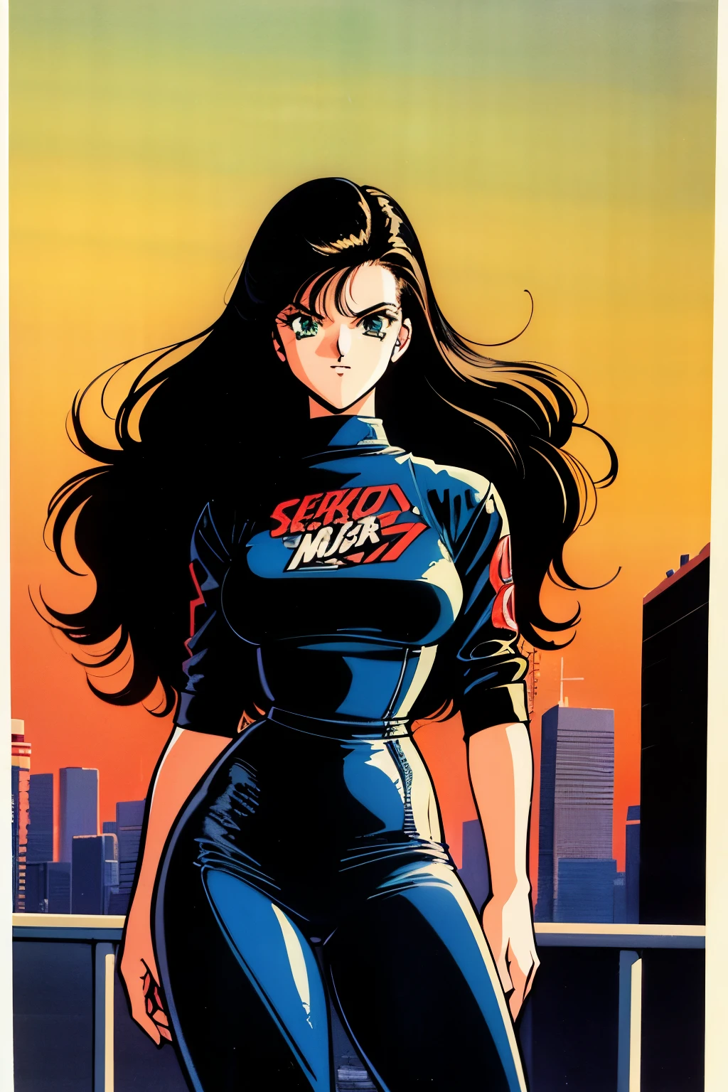 1990s (style), 1980s (style), retro artstyle, a girl, long black hair, green eyes, wavy hair, biker clothes, cyberpunk, 2077, best quality, masterpiece.