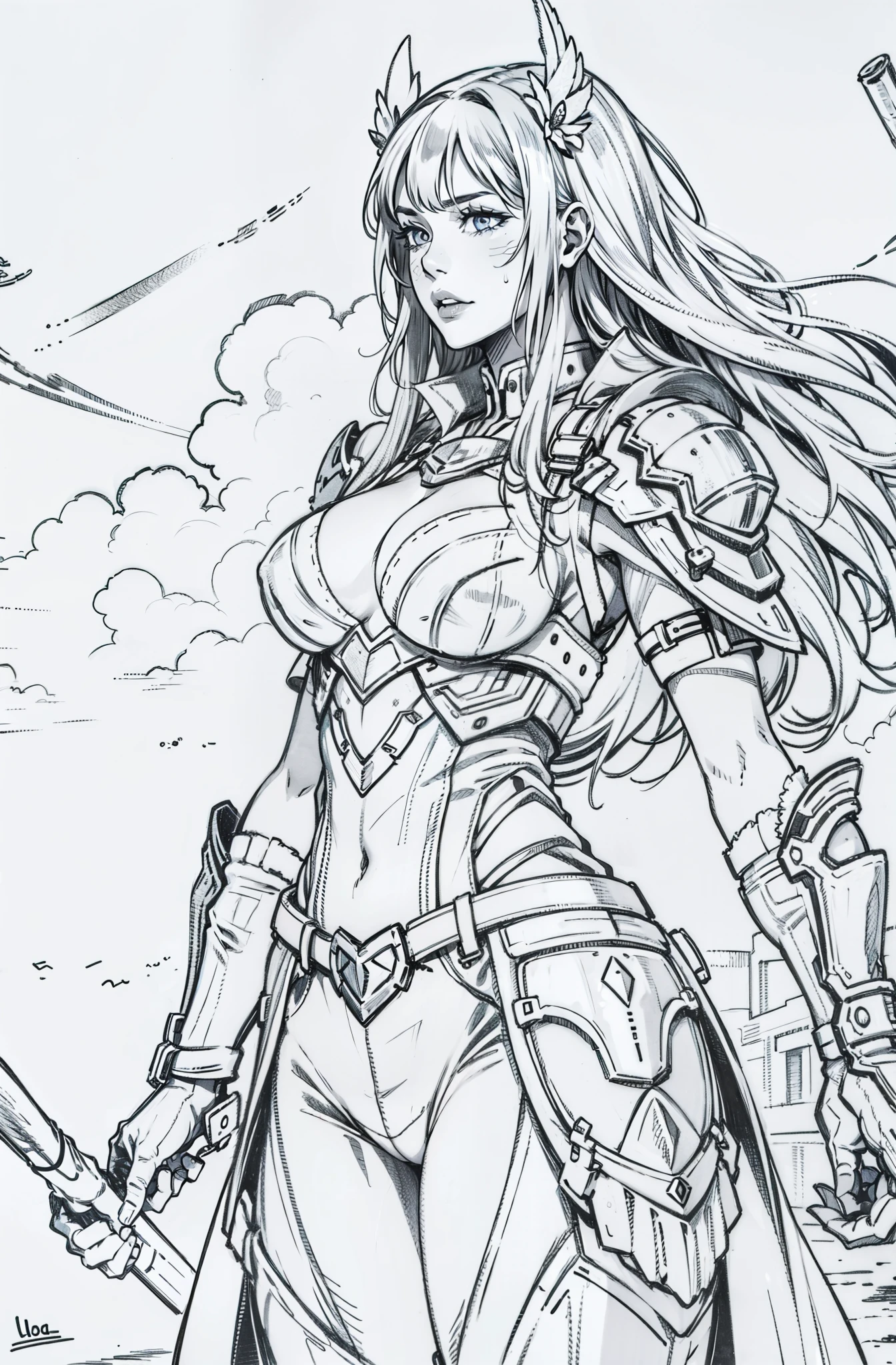 um desenho de uma mulher com um vestido e uma bolsa, garota com armadura de cavaleiro, Aloy from horizon zero amanhecer, lineart em negrito, arte linear perfeita, lineart grosso, wearing witch blade armor, Aloy, lineart afiado, Aloy from horizon: zero amanhecer, mas a armadura cobre seu rosto, lineart preto grosso, desenho em tons de cinza de corpo inteiro