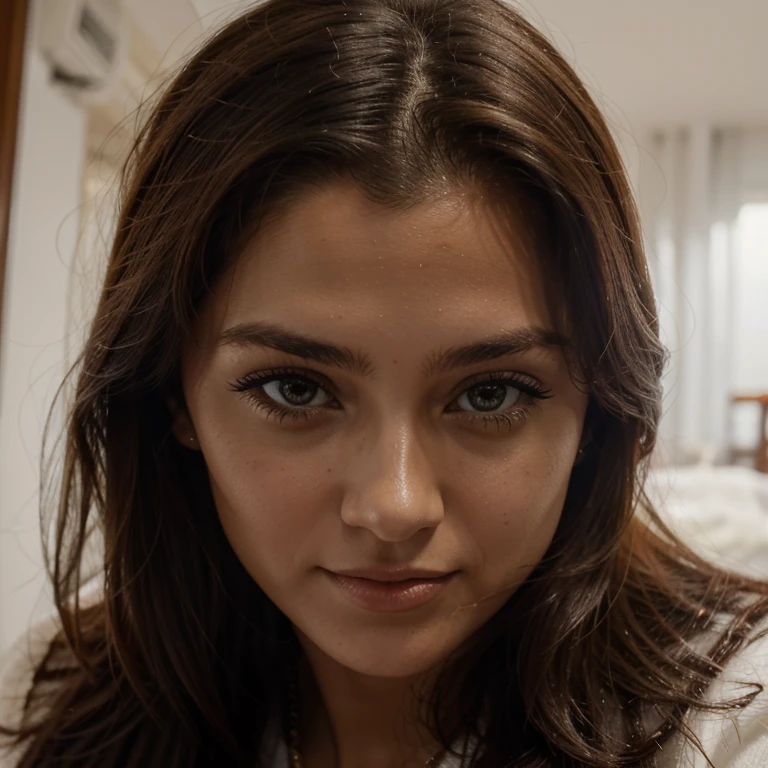 Mulher de 20 anos , pele oliva, cabelos castanho claro sedosos , olhos mel,na neve