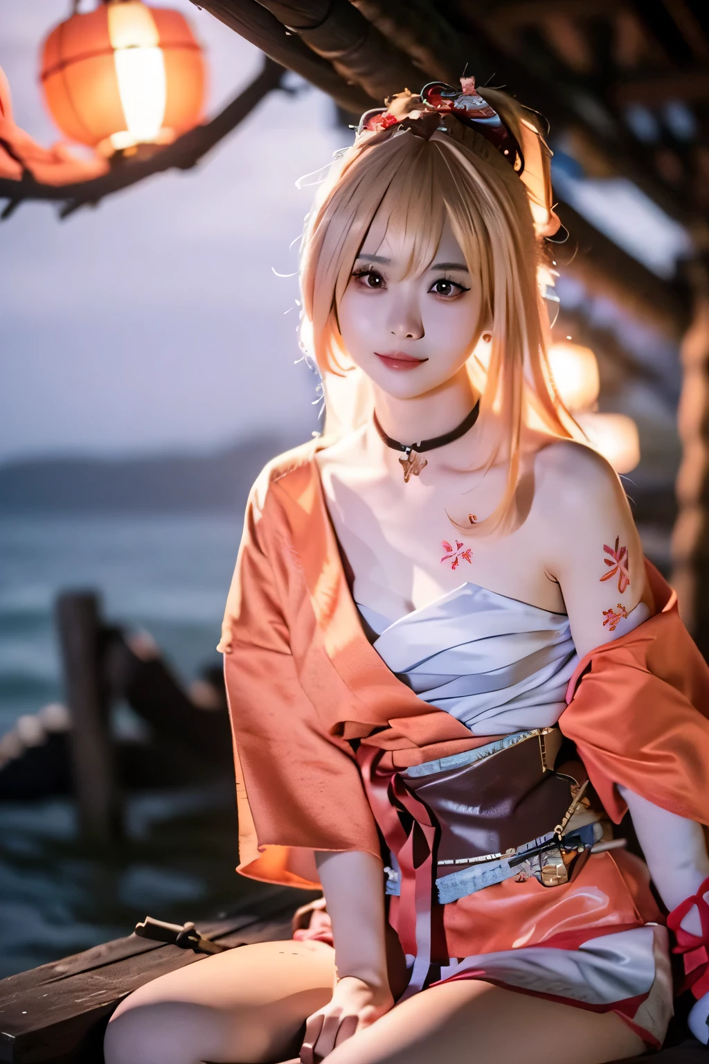 You Gong, tattoo, faint smile, aerial fireworks, Orange kimono, whole body,   beach, summer evening, seaside, Leg nails, (超HD晰度,masterpiece, best quality, high quality, high resolution, Super detailed,  photorealistic, small waist, perfect face, There are no defects, HD, high resolution, beautiful woman,Realistic lighting,light and shadow)