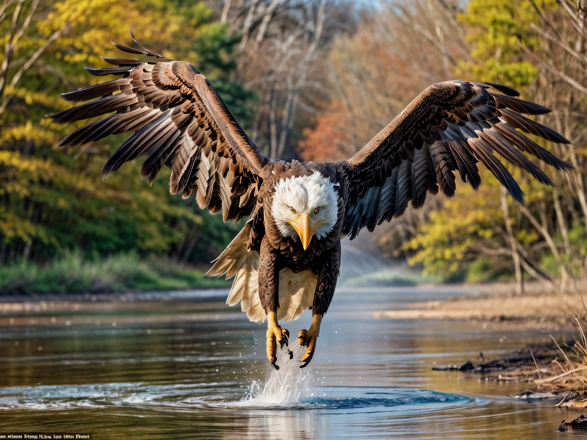 A majestic American bald eagle in mid-flight is about to grasp its prey from a river. Its wings are fully extended, displaying a vast wingspan with intricate feather patterns. The eagle's focused eyes and sharply hooked beak exhibit a predator's concentration and determination. As it swoops down, its powerful talons are poised for precision, and the splash of the river water around it is captured in a frozen spray, sparkling in the sunlight. The background is a blur of earthy tones, suggesting a wild, natural habitat. 32k, insanely detailed photo
