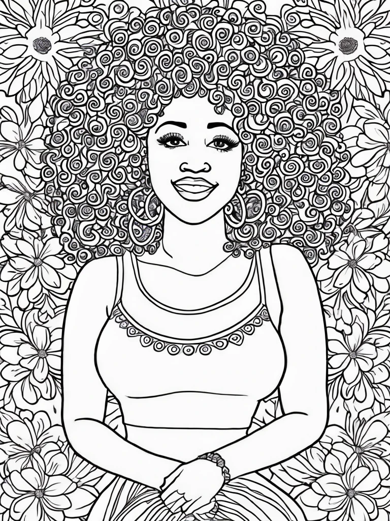 a simple black and white line drawing of a happy, curvy african woman, sitting amidst a variations of flowers, big curly hair, large hoop earrings, sleeveless top. Adult coloring book page