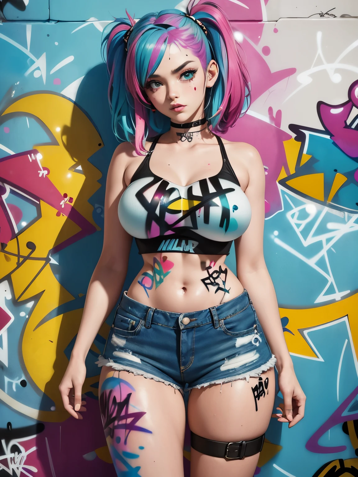 (official art),masterpiece, best quality, voluptuous 1girl, solo, crop top, denim shorts, choker, (graffiti:1.5), paint splatter, arms behind back, against wall, looking at viewer, armband, thigh strap, paint on body, head tilt, bored, multicolored hair, aqua eyes, headset, HDR, 4k, 3D.
