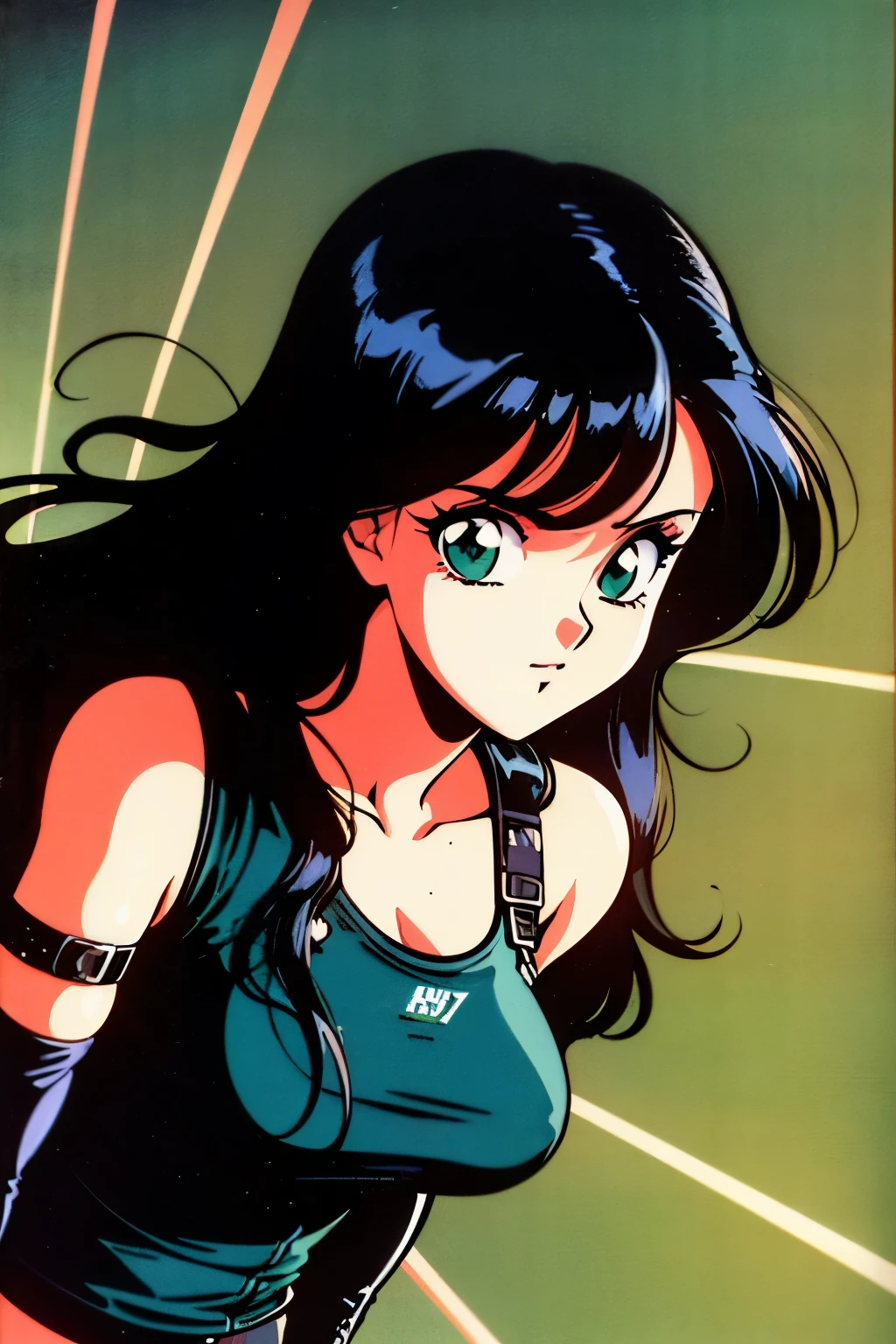 1990s (style), 1980s (style), retro artstyle, a girl, long black hair, green eyes, wavy hair, biker clothes,  cyberpunk, 2077, best quality, masterpiece.