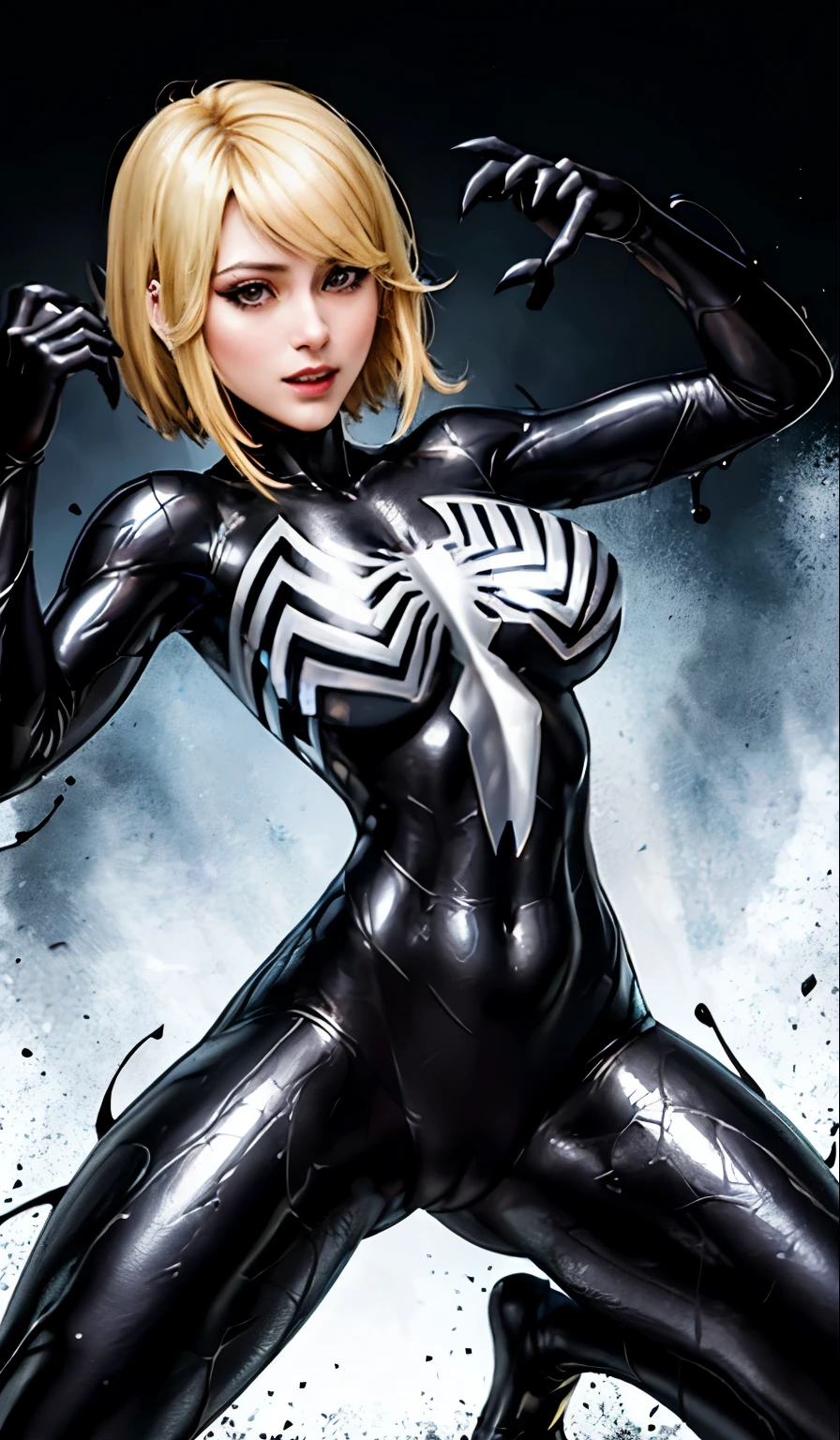 4K，realisticlying，Glamorous，The  very detailed，There  a girl in Dingcheng，Blonde hair，Wearing a black Spider-Man costume，（Black and white：1.4） the night,symbiote，venomize，a large amount of mucus,she  a spiderman，Black superhero theme，In front of the sky，Flushed complexion，( Open legs， camel-toe，， Vulvar shape：1.3）,(GGCameltoe:1.3)Legs apart，25 age old，full bodyesbian