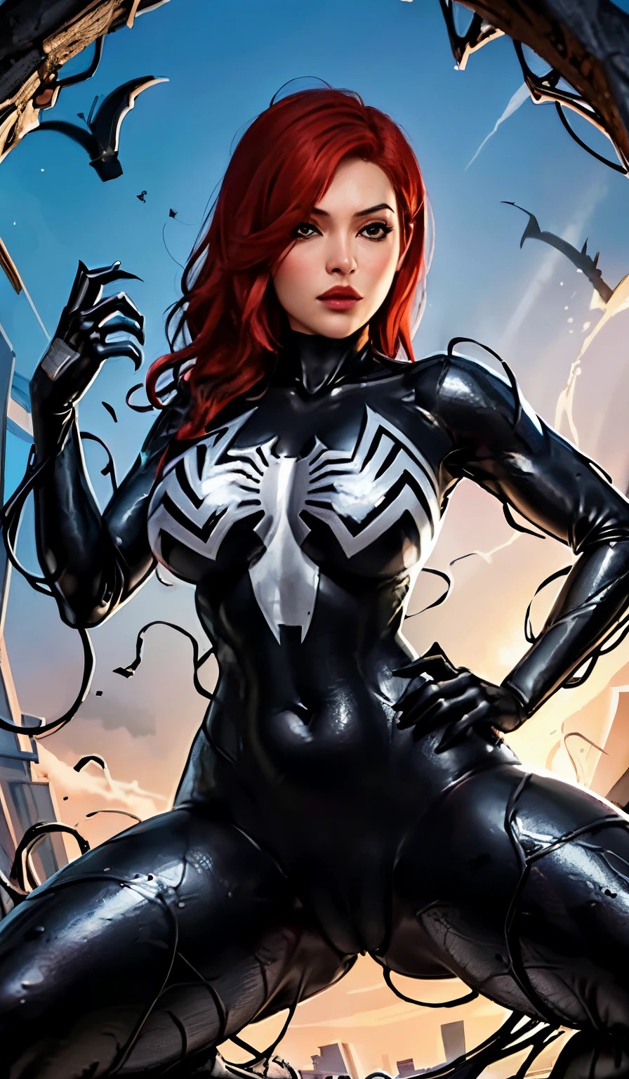 4K，realisticlying，Glamorous，The  very detailed，There  a girl in Dingcheng，Red hair，Wearing a black Spider-Man costume，（Black and white：1.4） the night,symbiote，venomize，a large amount of mucus,she  a spiderman，Black superhero theme，In front of the sky，Flushed complexion，( Open legs， camel-toe，， Vulvar shape：1.3）,(GGCameltoe:1.3)Legs apart，25 age old，full bodyesbian