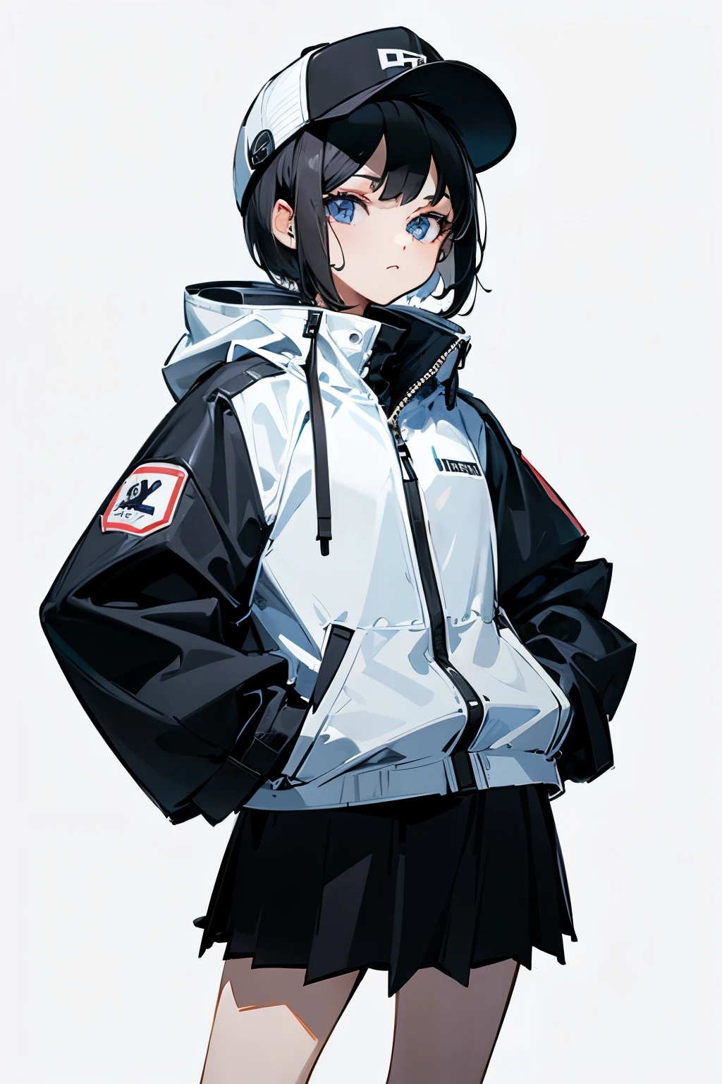 (((masterpiece, illustration, best quality))), 1girl, solo, blue eyes, ((ultra detailed eyes)), looking at viewe, ((short hair)), ((black hair)), standing, ((baseball cap)), white headwear, black jacket, (Closed sweater), ((Scenenary:white background)), black socks, ((black shirt)), perfect body, upper body shot, (closed mouth), loli, ((hands in pockets)), waterproof jacket, skirt white, hooded jacket, 