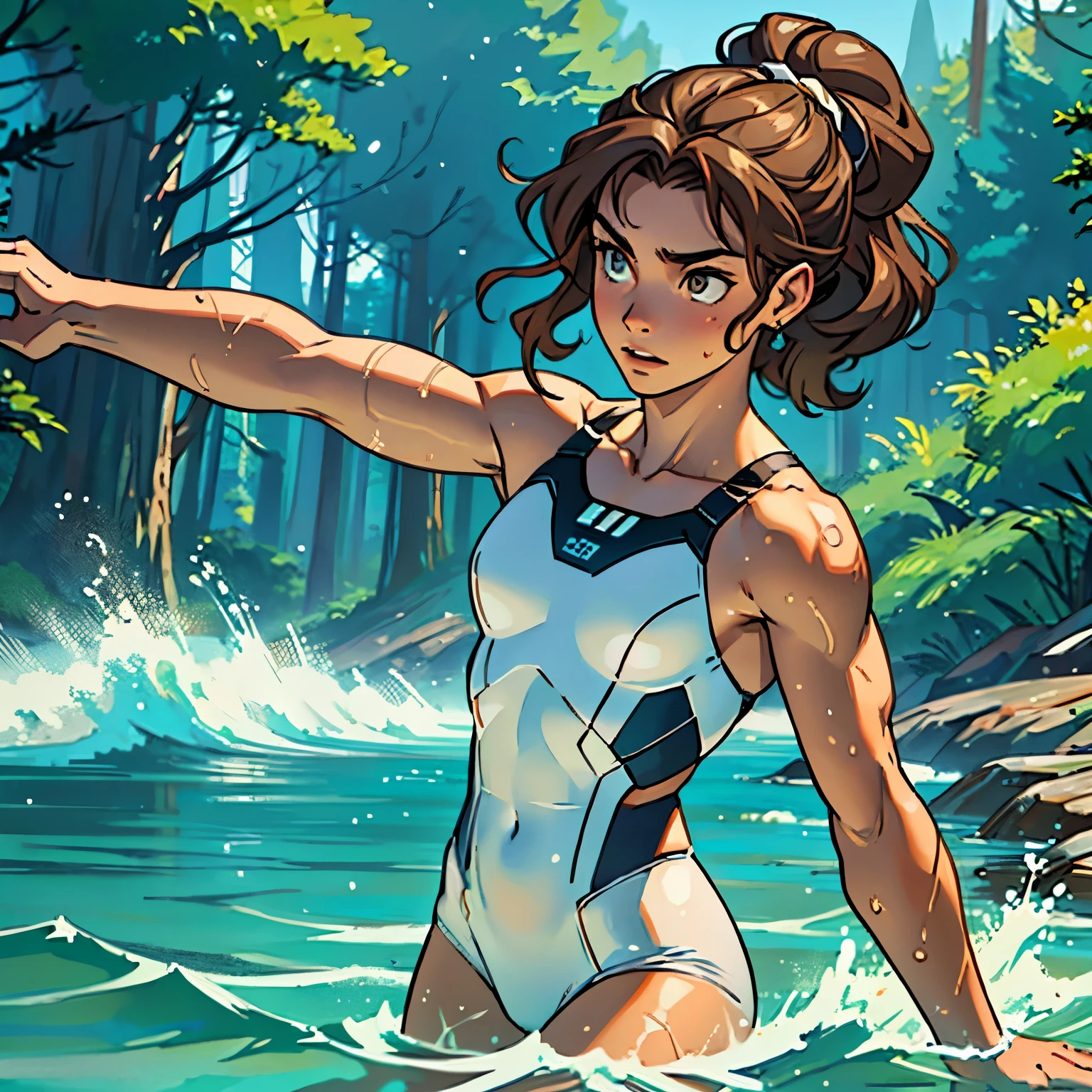 (Caucasian teenager), 18 years old, hazel eyes, (wavy brown hair), (hair tied back), medium hair, small breasts. She wears a white sci-fi suit, bare shoulders, solo. Swimming in a lake, forest in the background