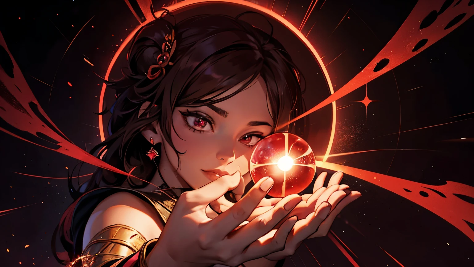 Ruby’s finger is very close to the orb, there is some kind of black spark between her finger and the orb.