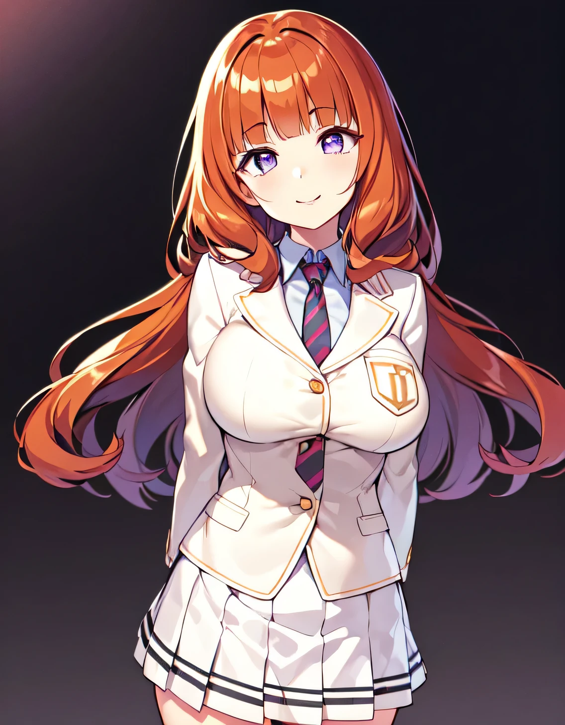 Anju Yuuki,(long hair:0.6), school uniform, white blazer, long sleeve, stripe tie, pleated skirt,(big breasts:1.5),looking at the viewer,Are standing,((masterpiece)),((highest quality)),perfect anatomy,8K UHD,highly detailed face,luster and luster,((1 girl)),((alone)),(beautiful and fine eyes:1.5),perfect image,(Upper body:1.1),(look ahead:1.1),turn your arms behind your back,slim waist,shiny hair,smile,classroom,dull bangs,purple eyes,orange hair,(Super detailed),