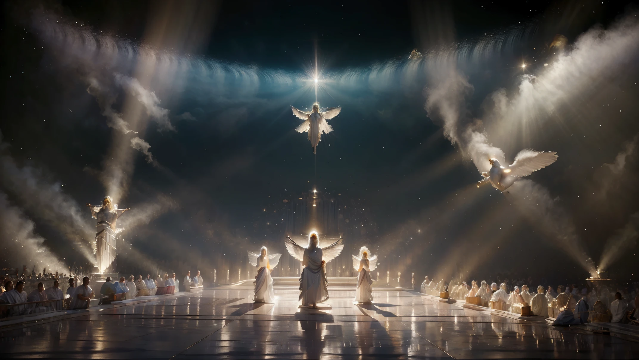 hundreds of specially defined people, brightly colored celestial beings specially defined specific features, strongly serious facial expression, beautifully wear voluminous white angelic costumes, hovering on fluffy clouds in a celestial atmosphere, bathed in soft white light, emitting an aura of Divine shine, standing on a glass floor. (best quality, 4k, high resolution, masterpiece: 1, 2), ultra-detailed, realistic, photorealistic: 1.37, vivid colors, sharp focus, professional.