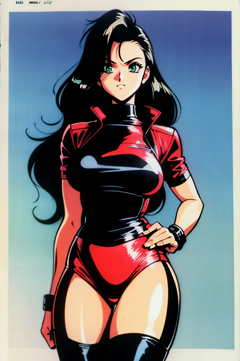 1990s (style), 1980s (style), retro artstyle, a girl, long black hair, green eyes, wavy hair, biker clothes, cyberpunk, 2077, best quality, masterpiece.
