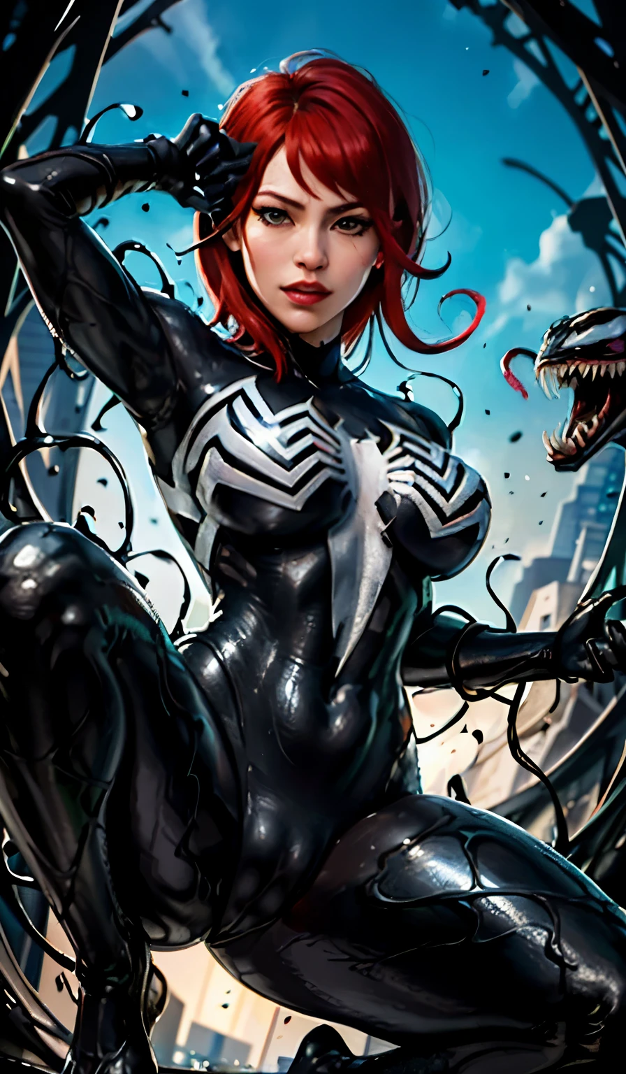 4K,realisticlying,Glamorous,The very detailed,There a girl in Dingcheng,Red hair,Wearing a black Spider-Man costume,(Black and white:1.4) the night,symbiote,venomize,a large amount of mucus,she a spiderman,Black superhero theme,In front of the sky,Flushed complexion,( Open legs, camel-toe,, Vulvar shape:1.3),(GGCameltoe:1.3)Legs apart,25 age old,full bodyesbian