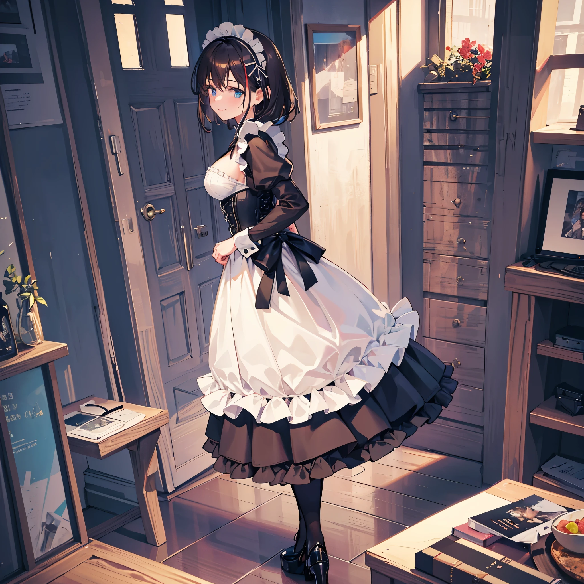 A woman dressed in a maid outfit, Standing with his back to the viewer, Stick your butt out a little, Lift the hem of the maid&#39;s skirt to expose her buttocks, Lift your skirt up until your butt is completely exposed, ((Gorgeous black satin panties)), ((Show the crack of the buttocks:1.2)), garter belt, Plump thighs, White tights , ((Take off your panties halfway, Pull down your panties)), A sexy pose that emphasizes the buttocks, stick your ass out more