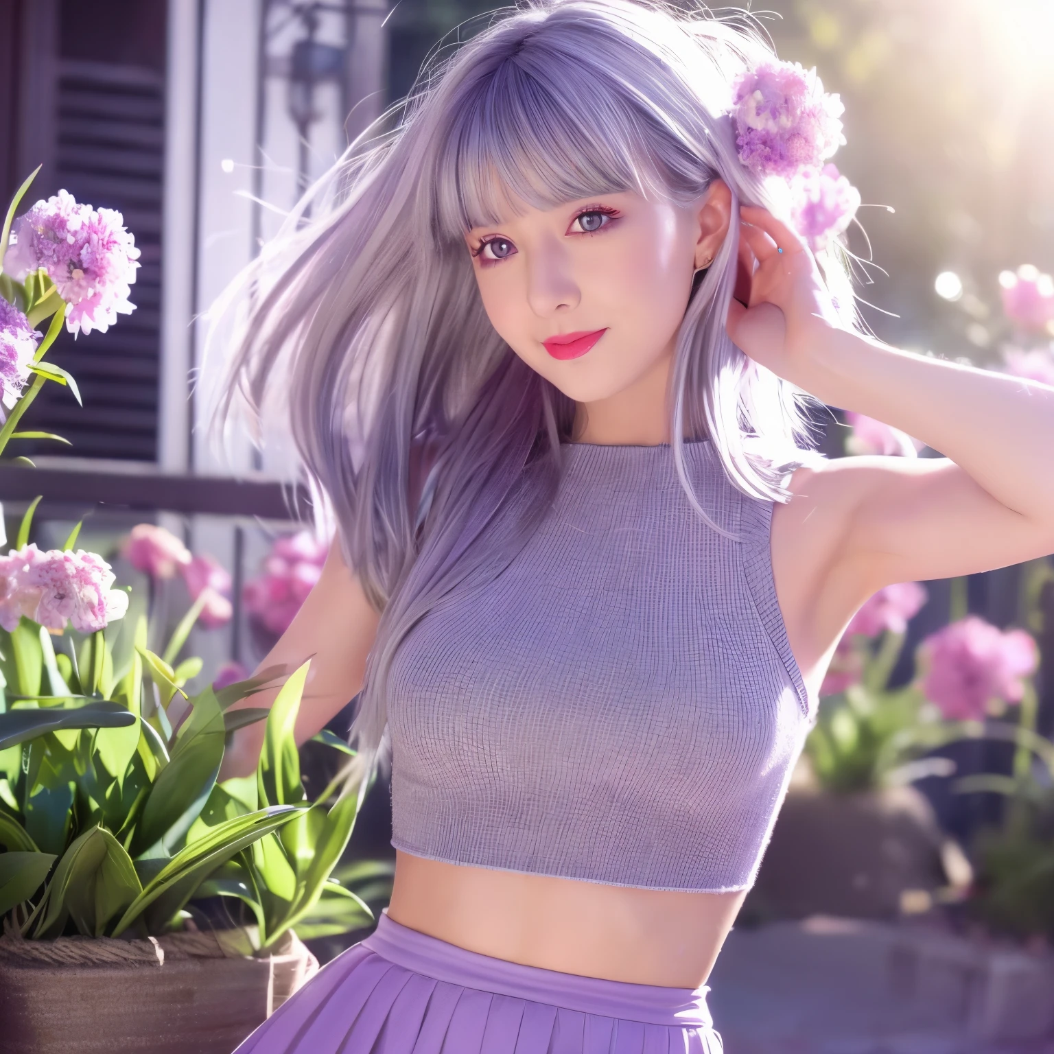 realistic, 1 girl, gray hair, purple eyes, shining eyes, crop top, skirt, parted lips, blush, night, flowers, sun, sunlight,
