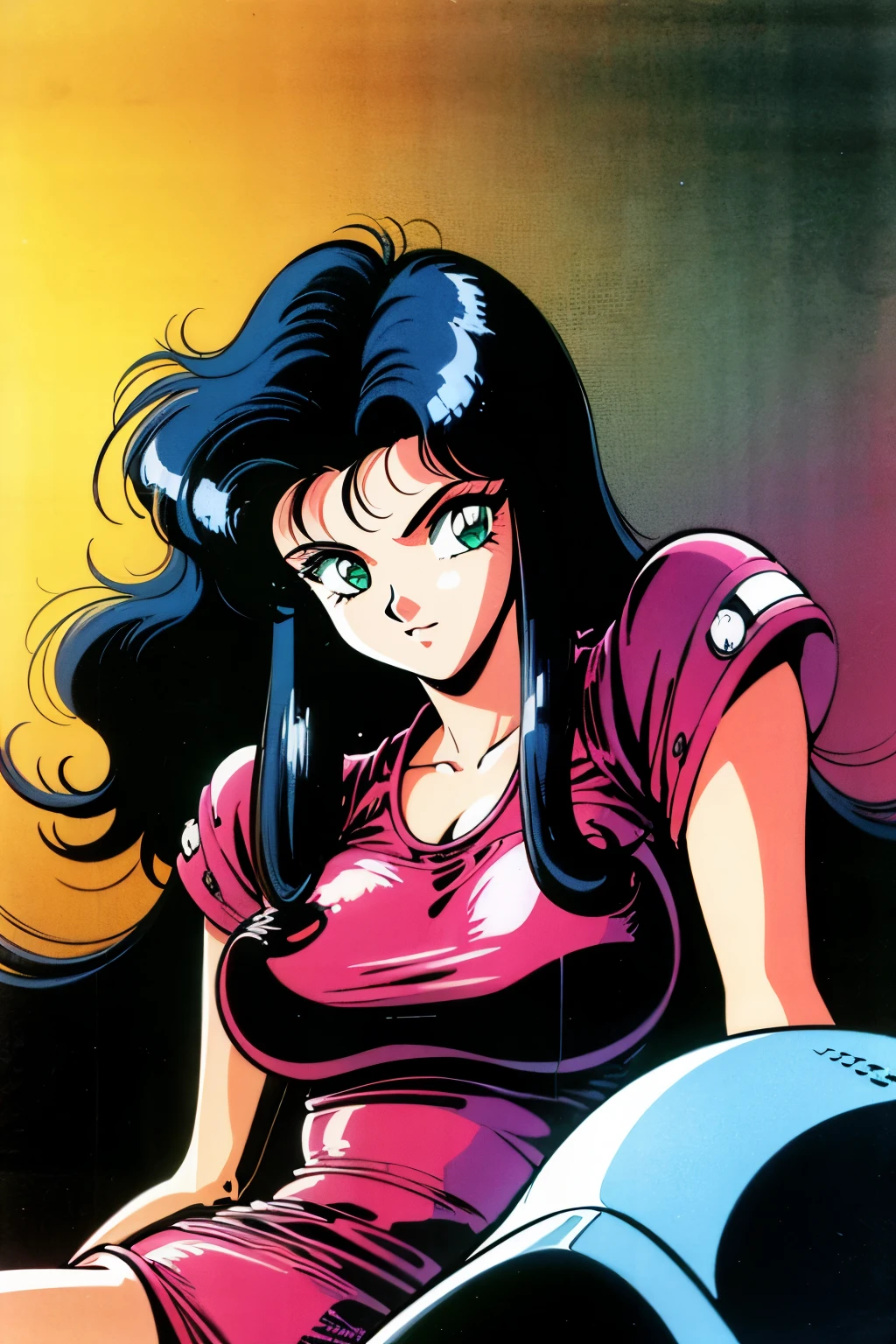 1990s (style), 1980s (style), retro artstyle, a girl, long black hair, green eyes, wavy hair, biker clothes,  cyberpunk, 2077, best quality, masterpiece.