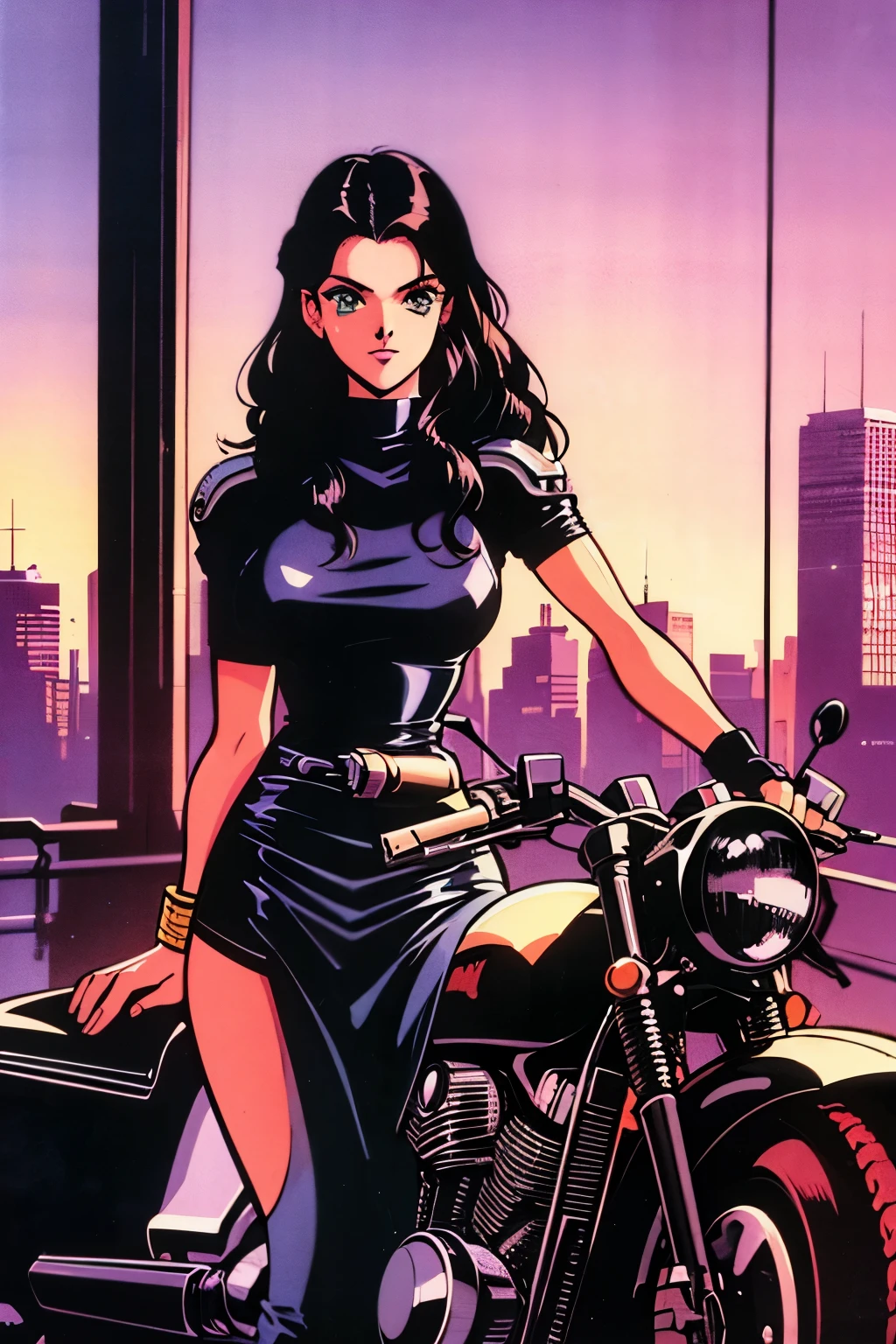 1990s (style), 1980s (style), retro artstyle, a girl, long black hair, green eyes, wavy hair, biker clothes, cyberpunk, 2077, best quality, masterpiece.