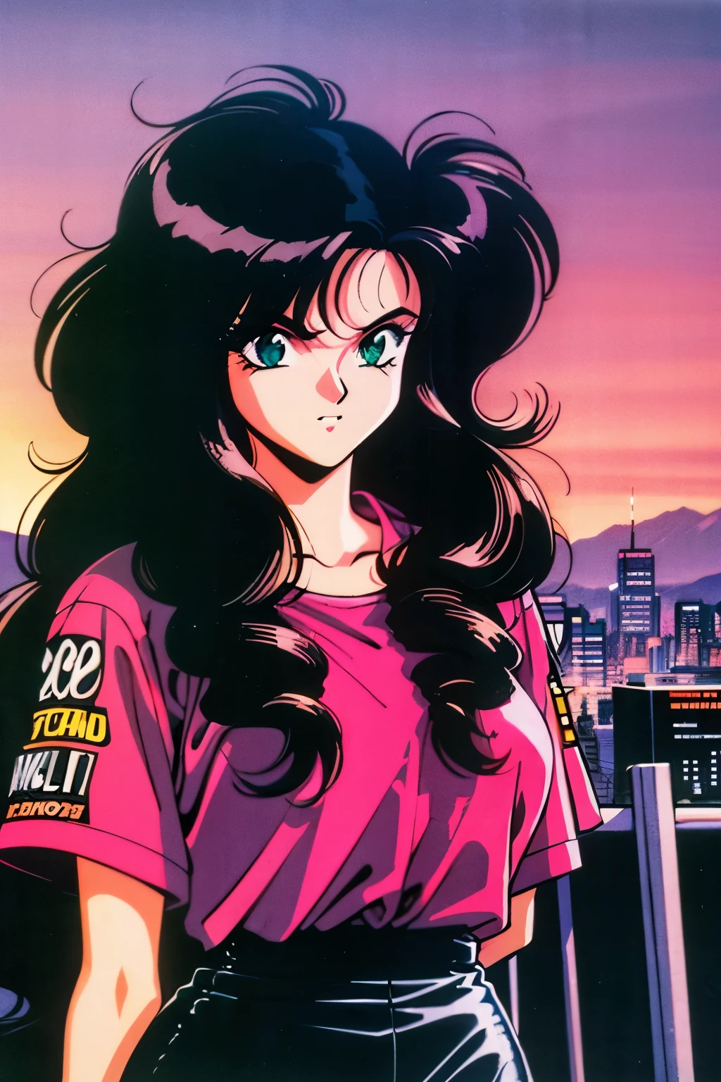 1990s (style), 1980s (style), retro artstyle, a girl, long black hair, green eyes, wavy hair, biker clothes,  cyberpunk, 2077, best quality, masterpiece.