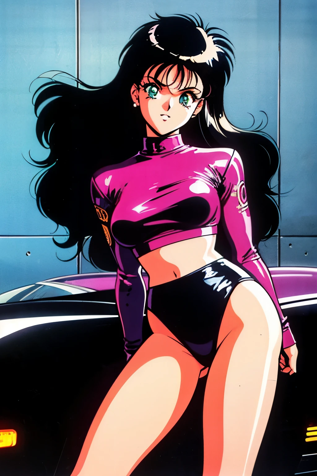 1990s (style), 1980s (style), retro artstyle, a girl, long black hair, green eyes, wavy hair, biker clothes,  cyberpunk, 2077, best quality, masterpiece.