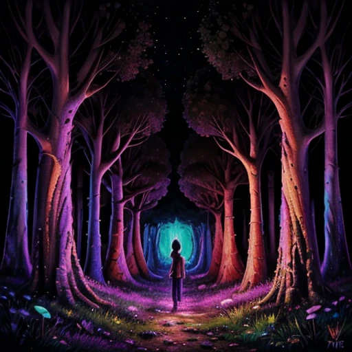 Abstract inspirational psychedelic painting, enter the mushroom forest Void, "enter the Void" movie theme, thought provoking masterpiece with subliminal messages