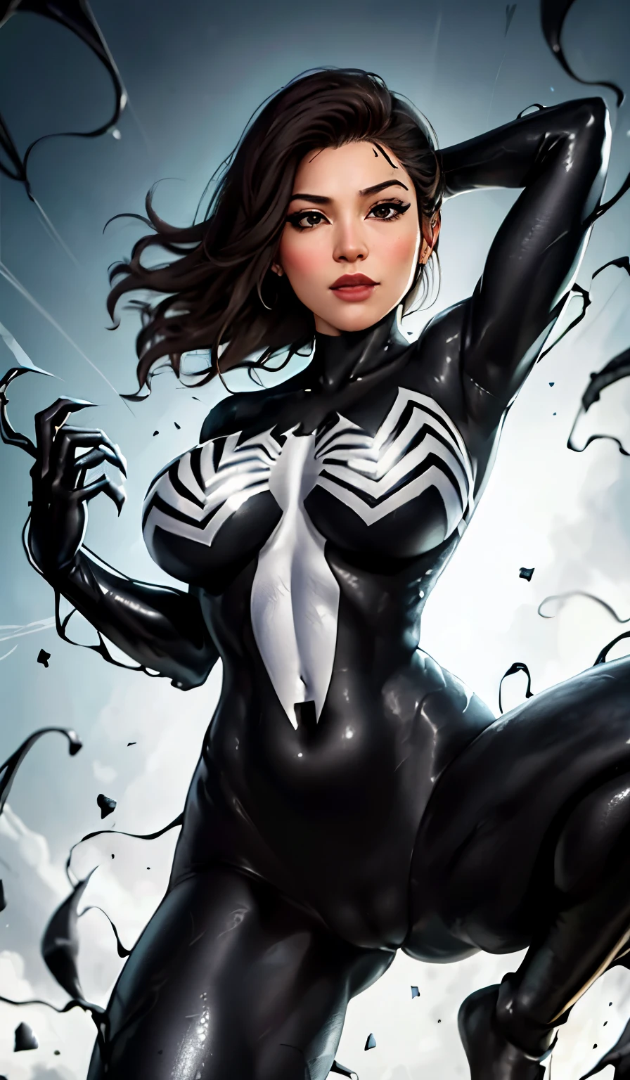4K,realisticlying,Glamorous,The very detailed,There a girl in Dingcheng,Wearing a black Spider-Man costume,(Black and white:1.4) the night,symbiote,venomize,a large amount of mucus,she a spiderman,Black superhero theme,In front of the sky,Flushed complexion,( Open legs, camel-toe,, Vulvar shape:1.3),(GGCameltoe:1.3)Legs apart,25 age old,full bodyesbian