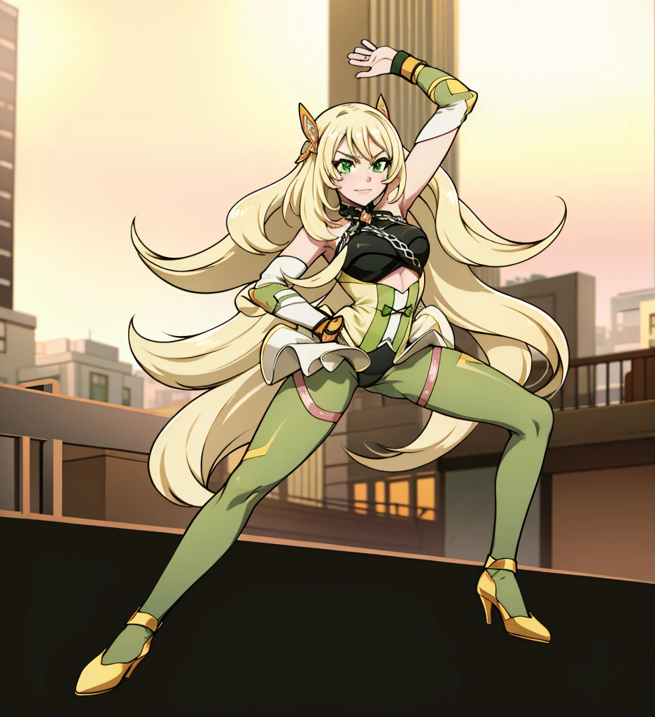 anime character in green outfit jumping in front of a building, a blonde emerald warrior, dynamic pose, badass pose, superhero pose, one arm above the head, one arm in front with open hand, green full bodysuit with high heels and bracelets, shadow underwears under the leotard, evil expression, evil smile, frowning