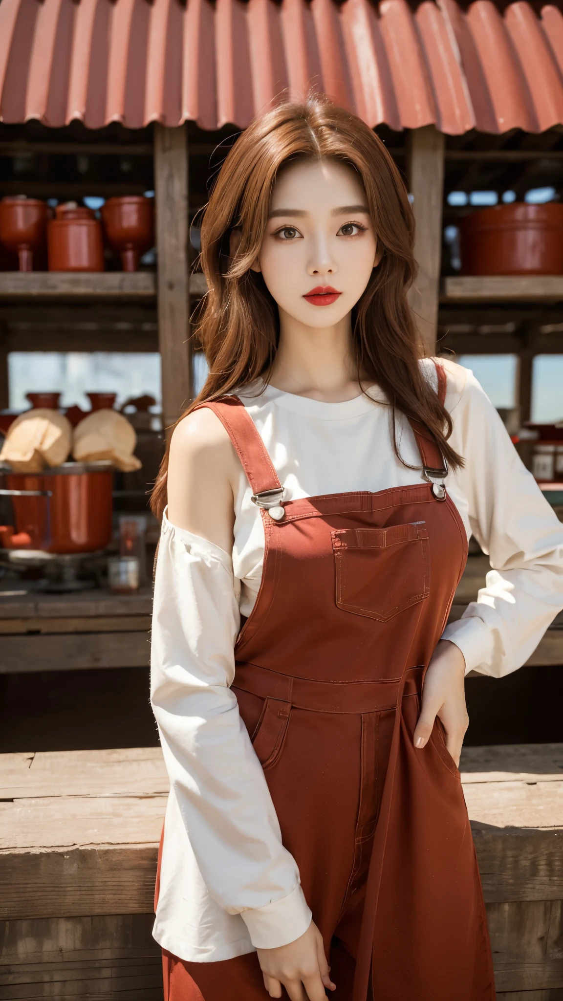 Beautiful girl, Korean makeup, Red lips, medium body, medium chest, reddish brown hair, femoral, overalls and apron outfit, Cow farm landscape, Byre, cows around,