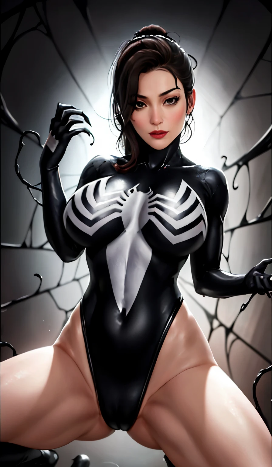 4K,realisticlying,Glamorous,The very detailed,There a girl in Dingcheng,Wearing a black Spider-Man costume,(Black and white:1.4) the night,symbiote,venomize,a large amount of mucus,she a spiderman,Black superhero theme,In front of the sky,Flushed complexion,( Open legs, camel-toe,, Vulvar shape:1.3),(GGCameltoe:1.3)Legs apart,25 age old,full bodyesbian