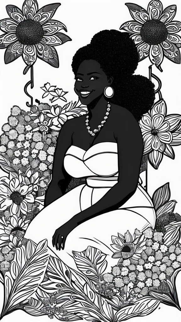 um desenho em preto e branco de uma pessoa feliz, Curvaceous African woman, sitting amidst variations of flowers, cabelo grande e cacheado, brincos de argola grandes, top sem mangas.  book coloring page