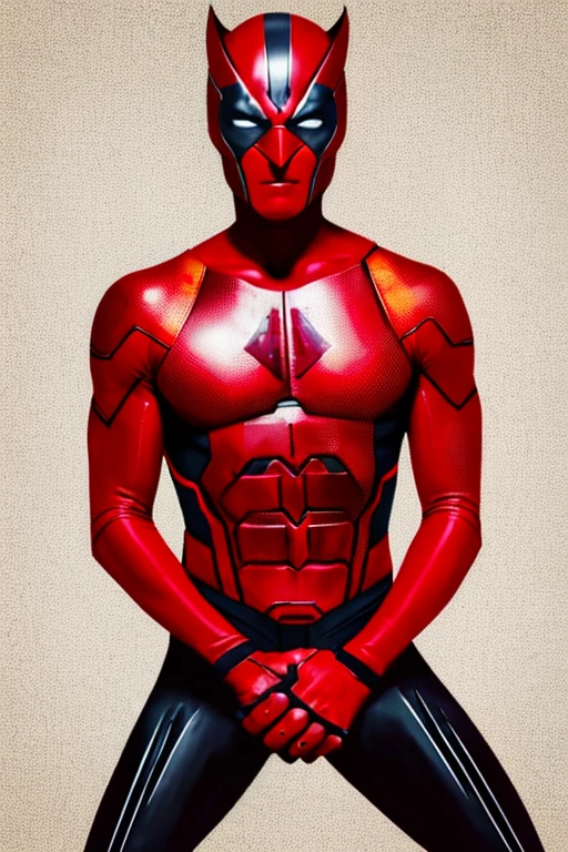 there a man with a red and black body paint on, a digital rendering inspired by Paul Kane, tumblr, digital art, cyclops, taron egerton as wolverine, he looks like tye sheridan, emma watson as giant man, covered in red slime, he wears an eyepatch, crimson peek, warrior face painting red, tom holland, daredevil portrait, magneto