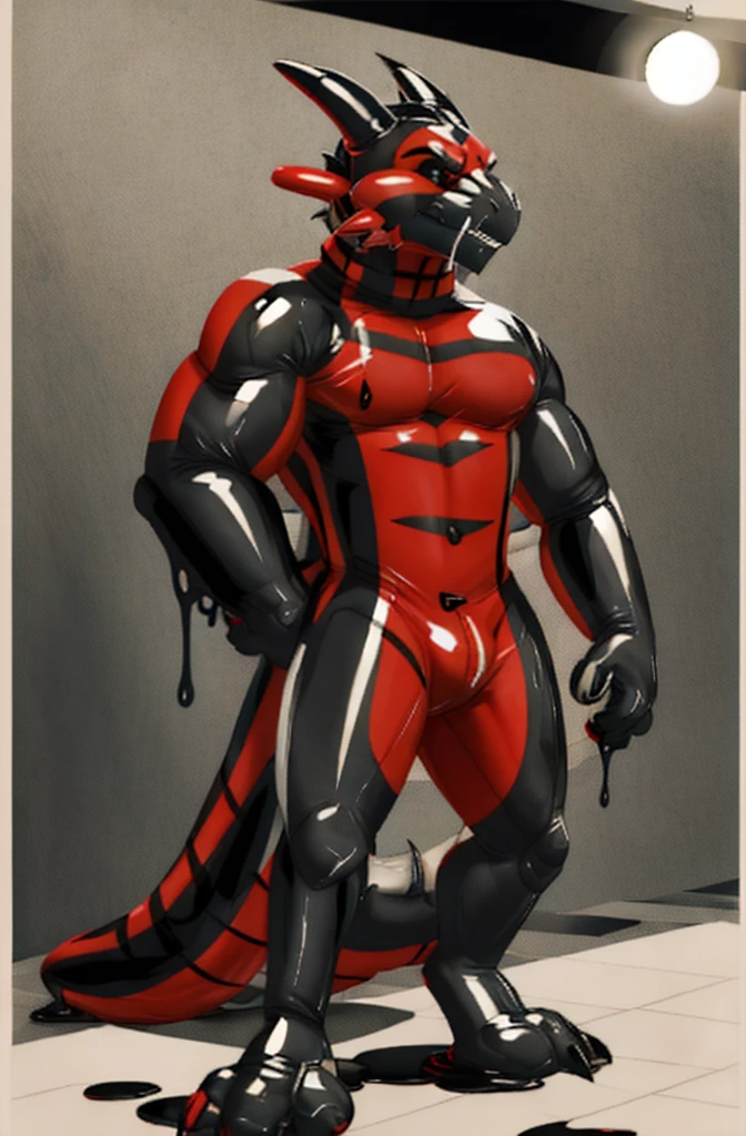 Ultra high resolution, extremely detailed raw photograph, close-up,  (half transformation), human shiny smooth red black polyvinyl dragon inflatable suit hybridization metamorphosis, in gymnasium pool at night, (half human), ((((((red black)))))), ((liquid polyvinyl goo partial encasement)), human dragon inflatable suit hybrid, zipper open,  plastic handlebars, air valve nozzle