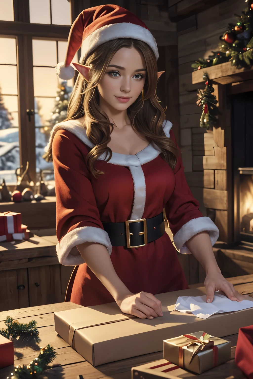 Sci-fim Christmas, Christmas tree, a beautiful girl in the cabin of a spaceship looks at a little ((drago))n on the table in front of her