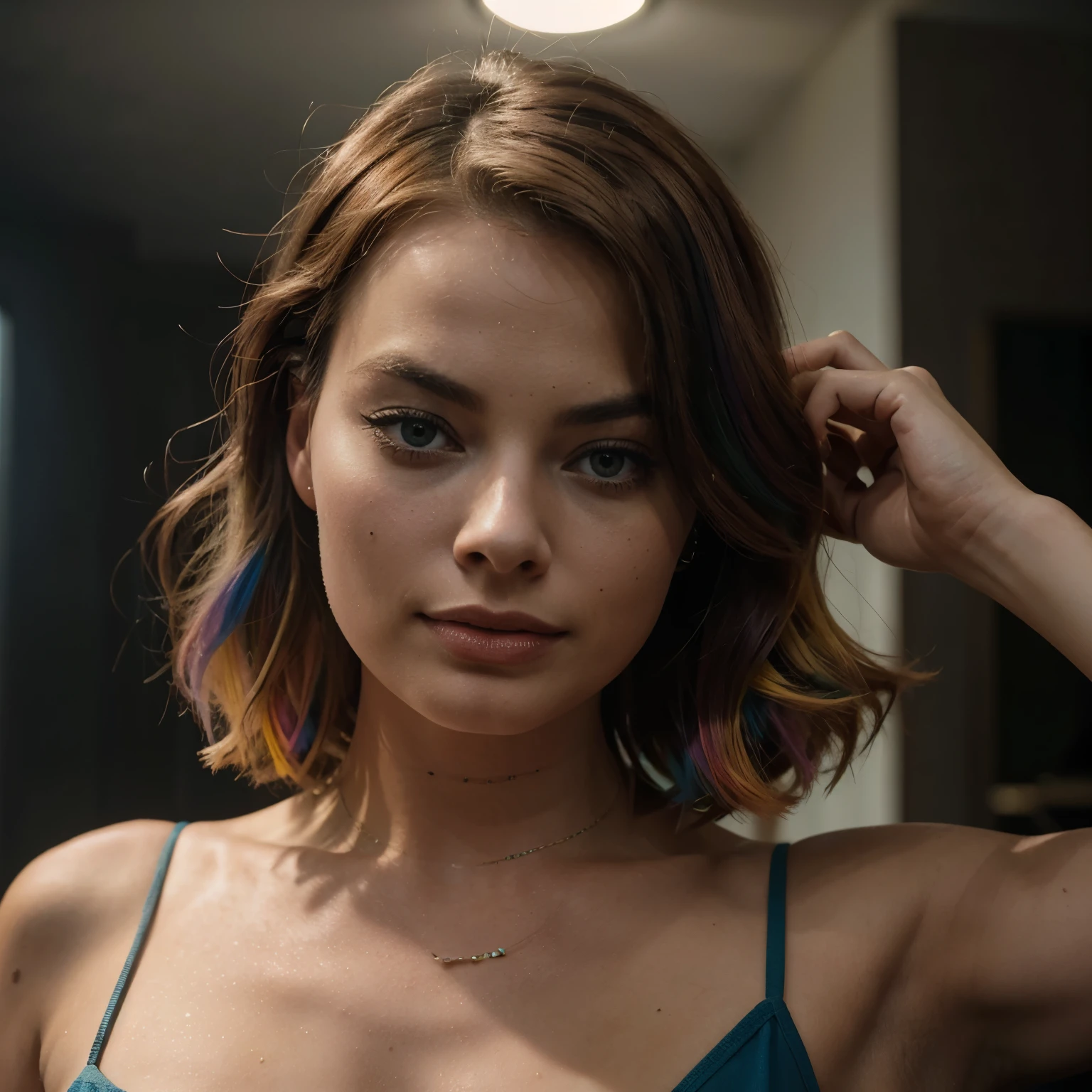 Margot Robbie, pelo multicolor, Cinta para el pelo, medias de red, Surrealismo, cinematic lighting, de cerca, HD, detalles altos, obra maestra