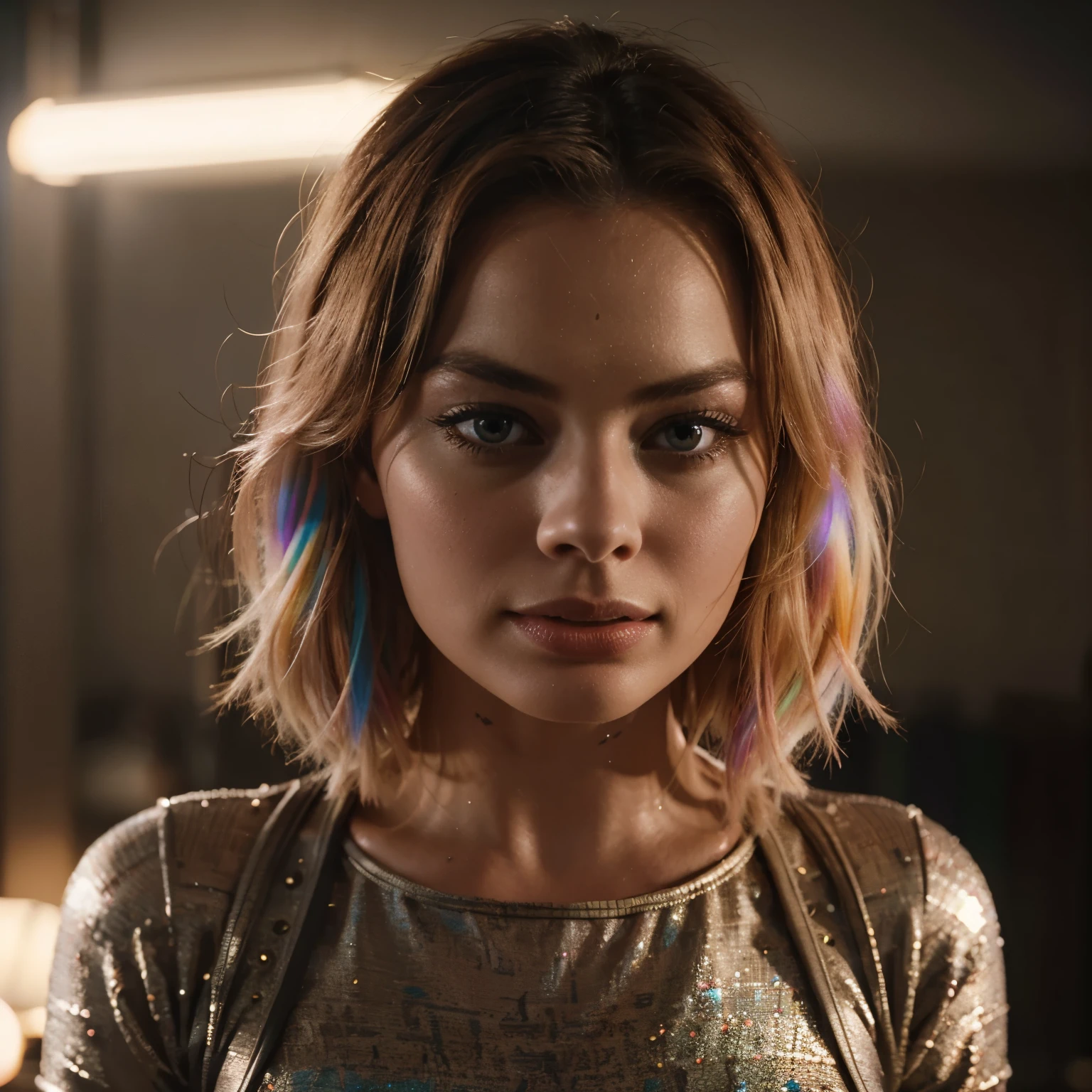 Margot Robbie, pelo multicolor, Cinta para el pelo, medias de red, Surrealismo, cinematic lighting, de cerca, HD, detalles altos, obra maestra  