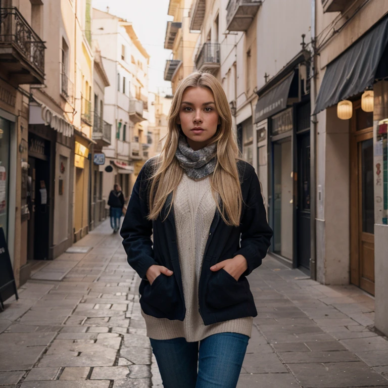 beautiful blonde model with blue eyes, walking in the city of Cagliari, casual winter clothes