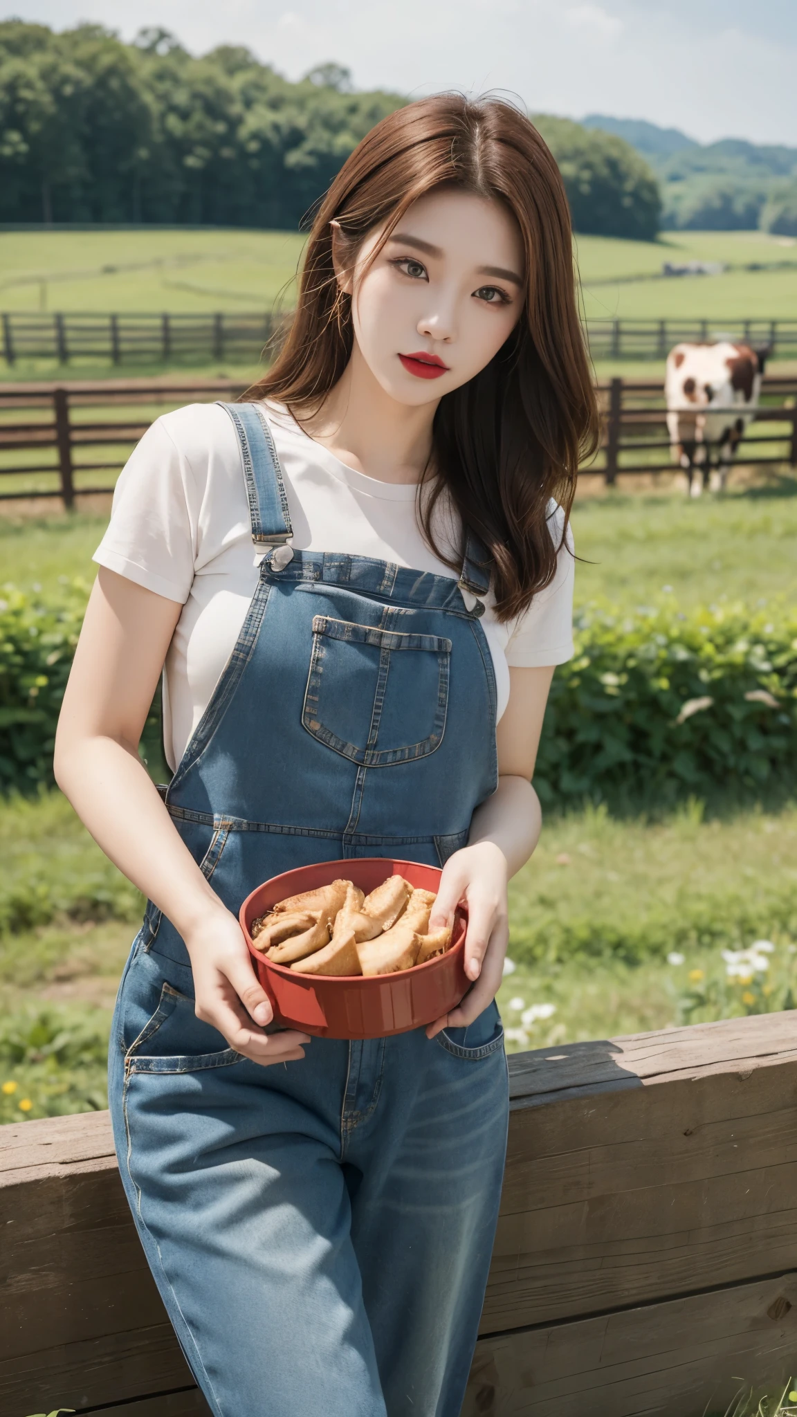 Beautiful girl, Korean makeup, Red lips, medium body, medium chest, reddish brown hair, femoral, overalls and apron outfit, Cow farm landscape, Byre, cows around,