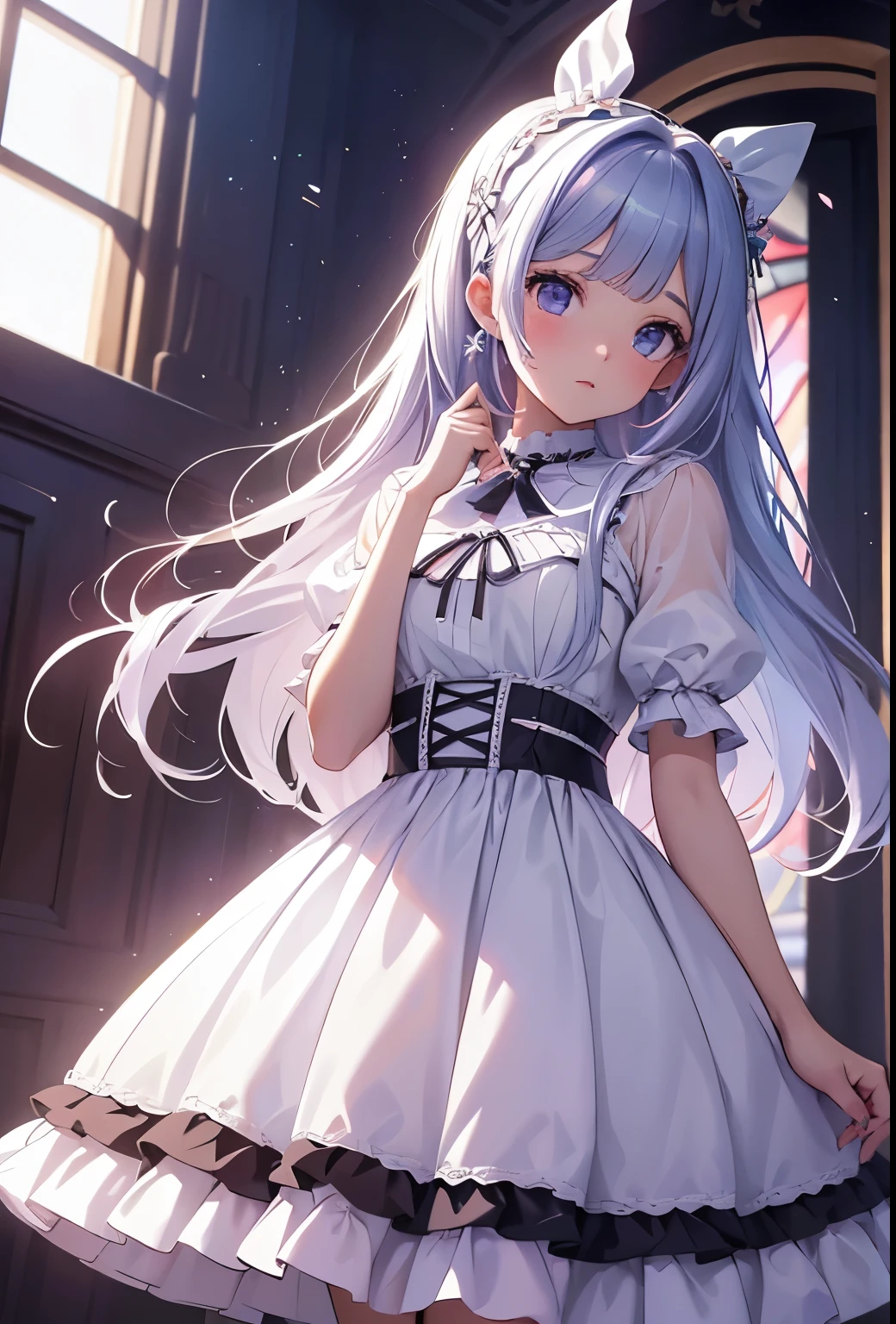 (masterpiece:1.5), ultra quality, 8K, high resolution, super fine illustration, depth of field,
perfect anatomy, 
(1girl), solo, delicate beauty girl, (10years_old girl), silver hair, extreme long hair, bangs, french braid, (floating hair:1.2),
(fine detailed eyes), blue eyes,
beautiful face, small bast, slender, (loli:1.5), 
(from diagonal front), (cowboy shot), (looking at viewer),
(princess dress), (white dress), (rose embroidery), (revealing clothes:1.2), 
parted lips, jewelry, earrings, 
(rose garden:1.4), castle, daylight, lens flare, 
(cinematic lighting:1.2), (cinematic shadow:1.3), 
(Prismatic light:1.2), (sparkling light:1.2), 
(beautiful reflection:1.3), (prismatic reflection:1.4),
(tyndall effect:1.5), 
(sense of depth:1.2),