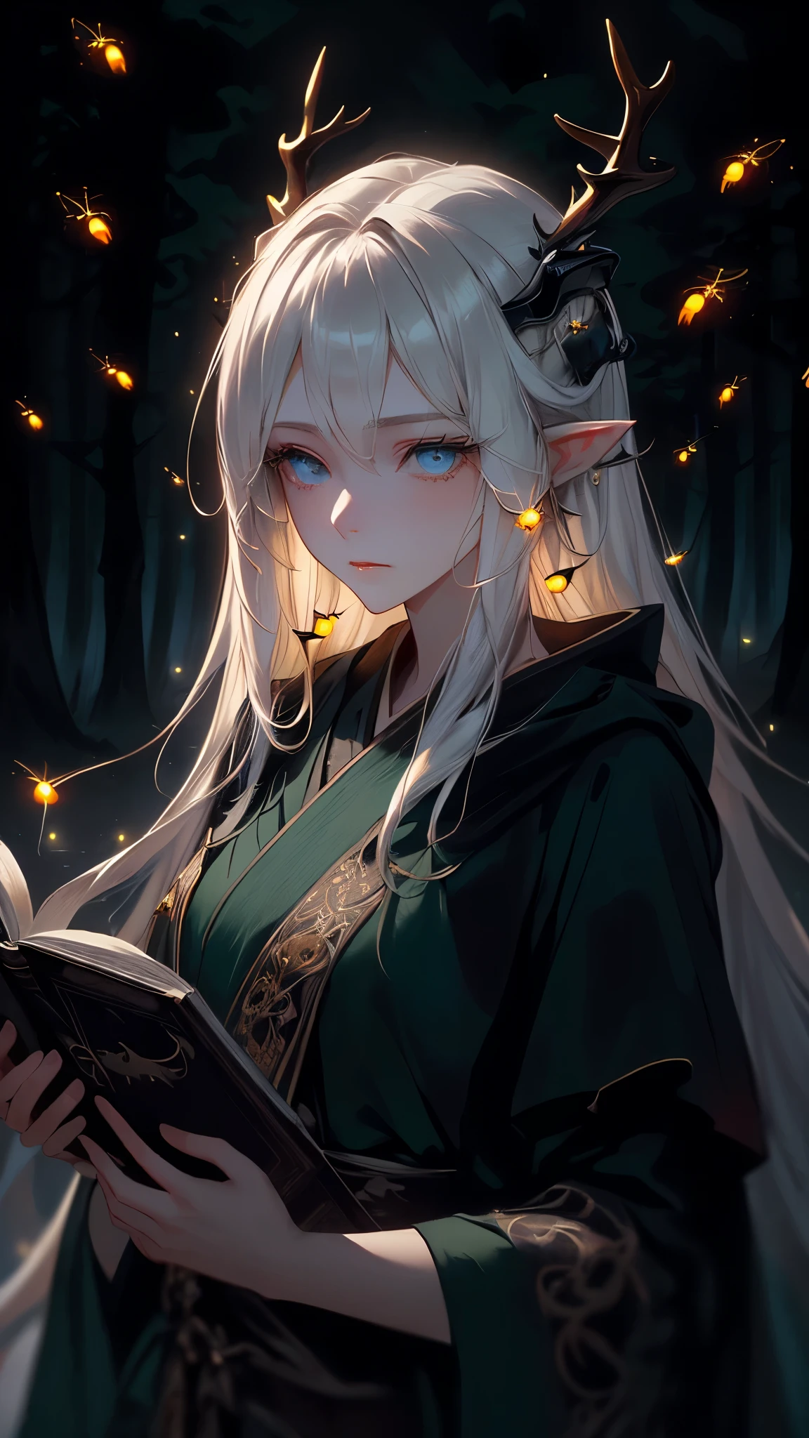 Masterpiece, Best Quality, High Quality, (Long Hair, White Hair), (glowing light blue eyes), (Darkness:1.2), (Fair Skin), (1Lady, Mythical Creatures, Dark Green Robe, Solo, Calm, Deer horns, (dynamic angle), pointy_ears, magic book, Nature, Fantasy, Abstraction, Deep Forest, Dark Forest, Award-winning photography, Depth of field, HDR, Very detailed, Trending in art stations, Trending in CGsociety, Complex, High detail,(Masterpiece:1.2, Best Quality), (Best Lighting, Very Delicate and Beautiful), (Best Lighting, Very Delicate and Beautiful), (Beautiful Detailed Face), (Detailed Eyes and Detailed Face:1.2), Dark Fantasy,  (depth of field),high contrast, (darkness night:1.4), (fireflies:1.4), Magnificent Dark Forest