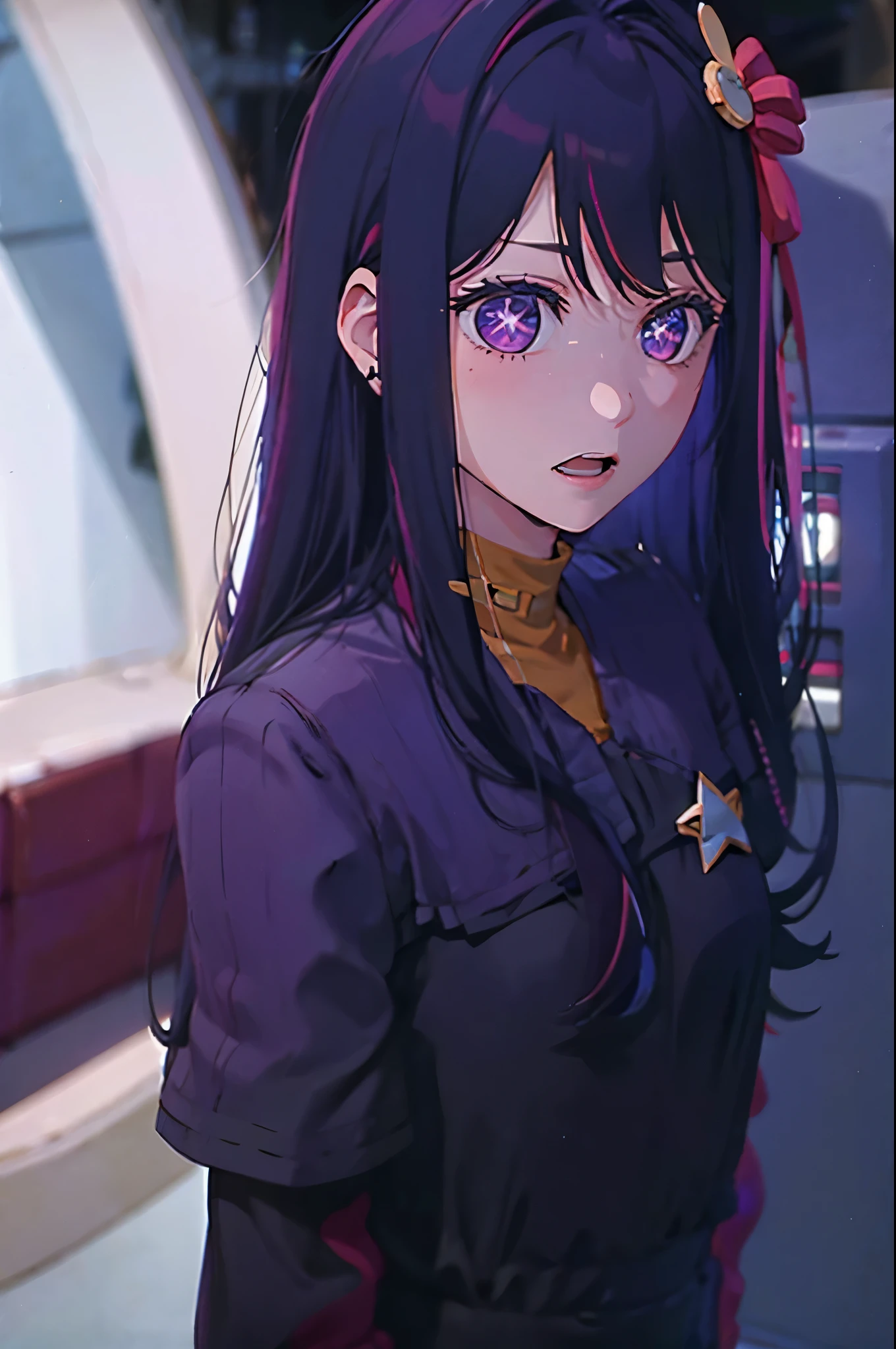 Hoshino Ai, long hair, purple hair, streaked hair ,purple eyes, star-shaped pupils, hair ornament, reacts shocked expression ds9st uniform