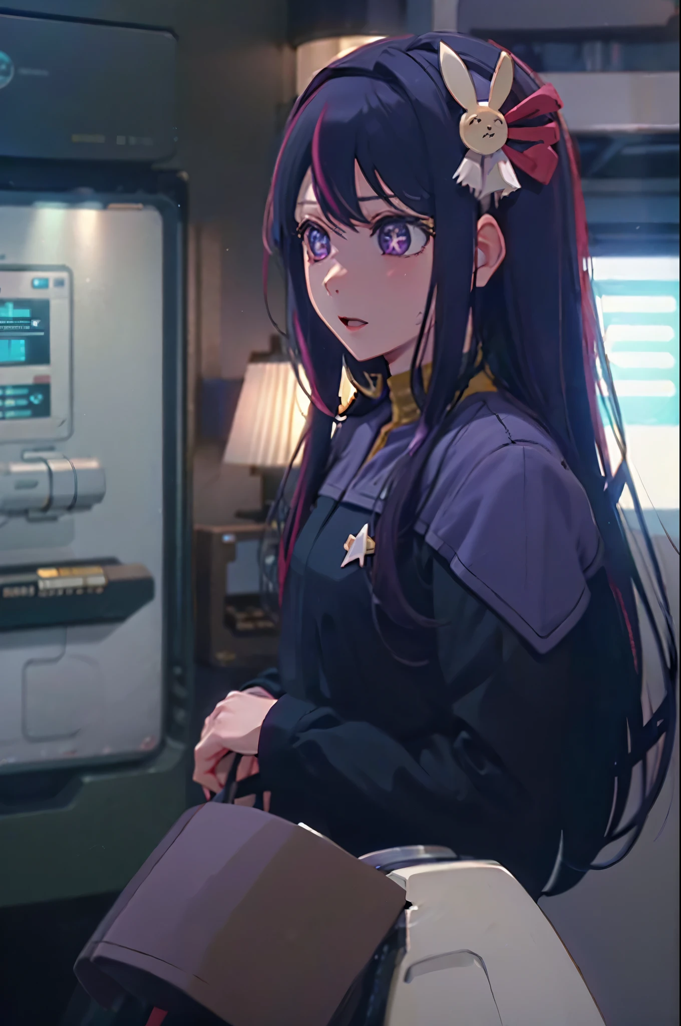 Hoshino Ai, long hair, purple hair, streaked hair ,purple eyes, star-shaped pupils, hair ornament, reacts shocked expression ds9st uniform