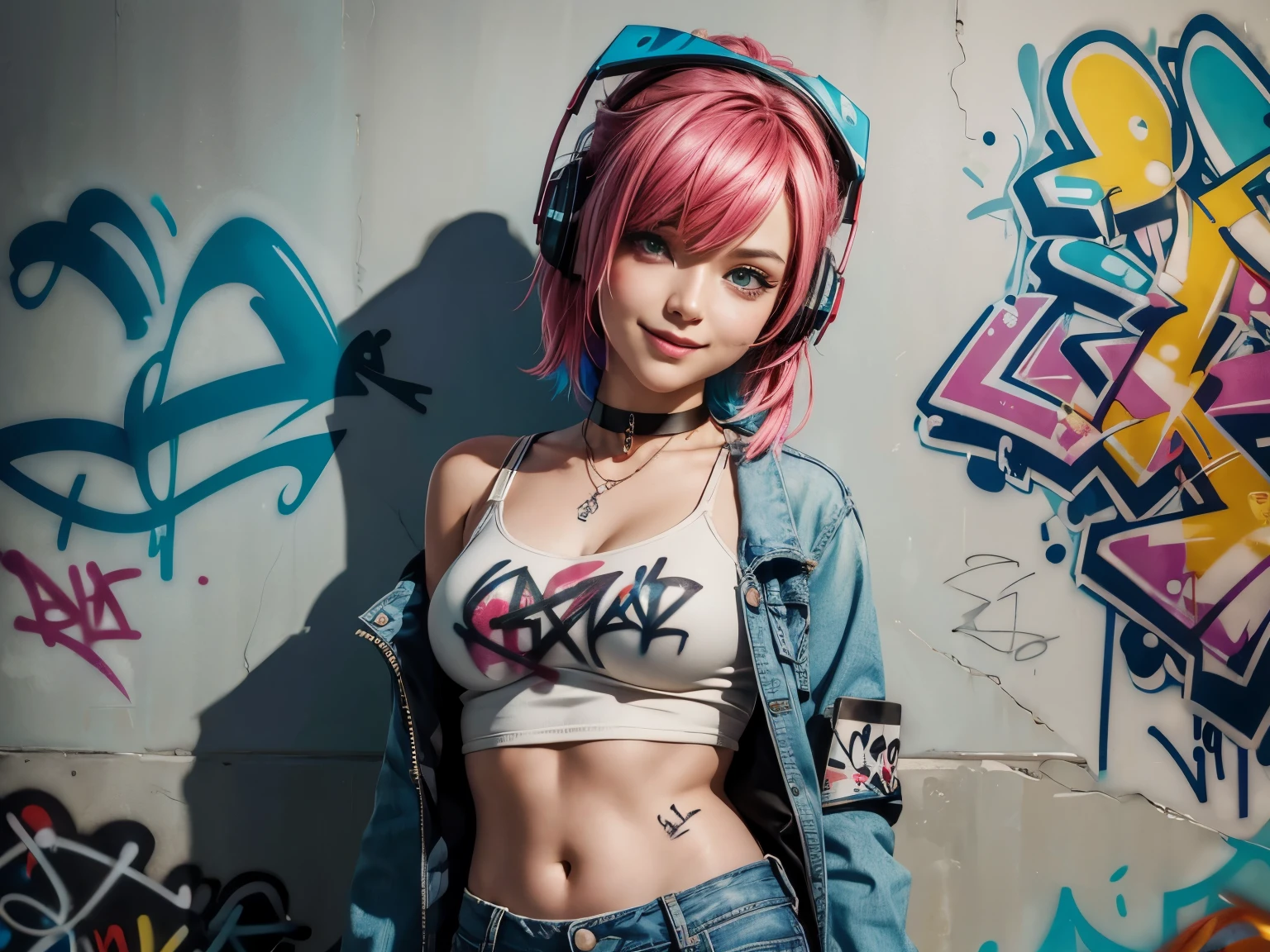 (official art),masterpiece, best quality, voluptuous 1girl, solo, crop top, denim shorts, choker, (graffiti:1.5), paint splatter, arms behind back, against wall, looking at viewer, armband, thigh strap, paint on body, head tilt, smiling, winking, (vivid color),multicolored hair, aqua eyes, headphones, respirator mask, HDR, 4k, 3D.