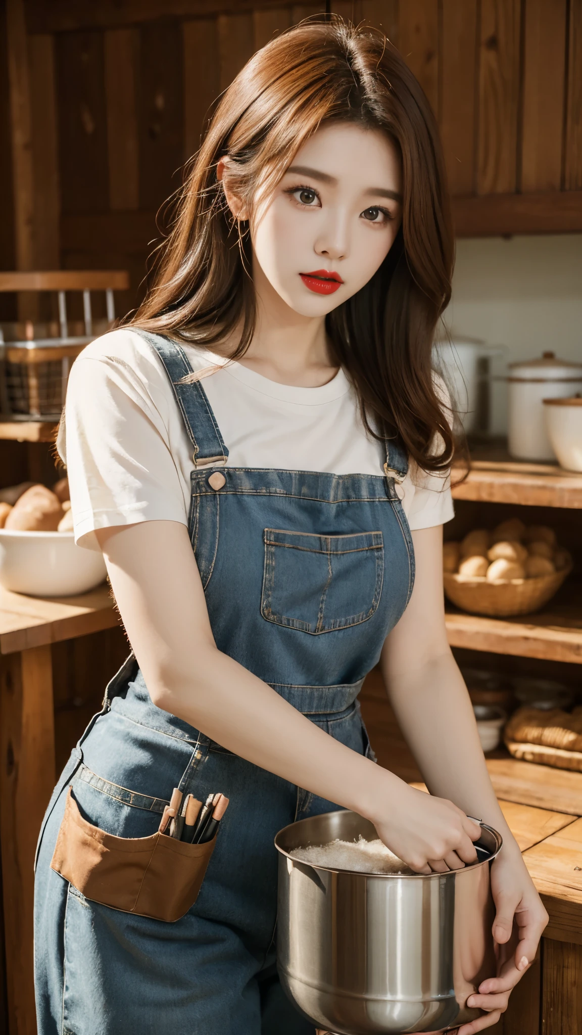 Beautiful girl, Korean makeup, Red lips, medium body, medium chest, reddish brown hair, femoral, overalls and apron outfit, Cow farm landscape, Byre, cows around, 