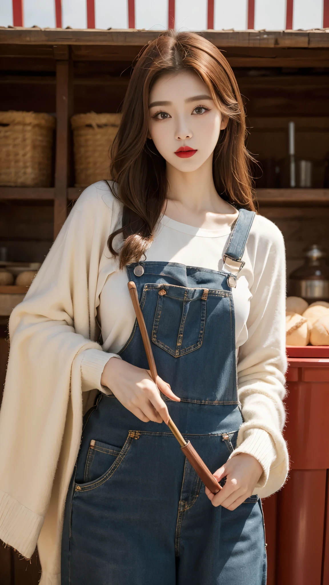 Beautiful girl, Korean makeup, Red lips, medium body, medium chest, reddish brown hair, femoral, overalls and apron outfit, Cow farm landscape, Byre, cows around, 