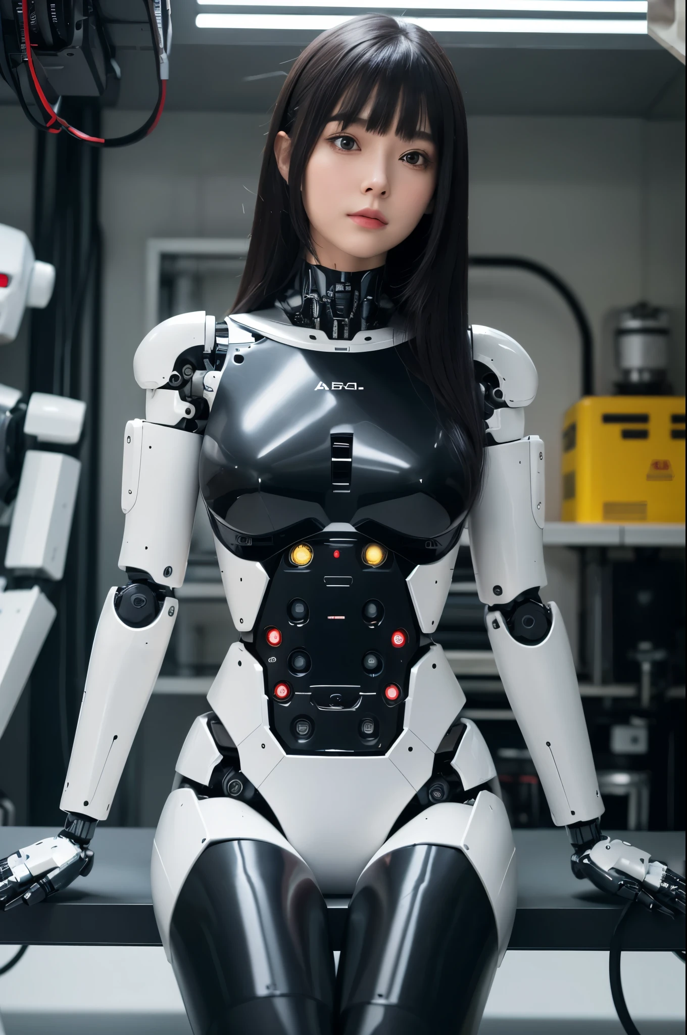 (photorealistic:1.4), (RAW photo)(photorealistic:1.4), (RAW photo)masterpiece, best quality, extremely detailed, (8K, 4K, Best Quality, hight resolution, 超A high resolution:1.1), 8K portrait,1girl in, Japaese android girl,android teacher,Plump , control panels,android,Droid,Mechanical Hand, ,Robot arms and legs, Black hair,Mechanical body,Blunt bangs,White Robotics Parts,perfect robot woman,Charging spot,Long Tube,A thick cable was connected to her neck,ceramic body ,android,robot humanoid,a bit chubby,panty,full eyes,perfect mechanical body,white robotics body,future assembly plant,white body,She has repaired,black sponge joints,android assembly plant,android,laboratory,perfect machine body,white robot body,the exhaust port is between the legs,dark black leggings,