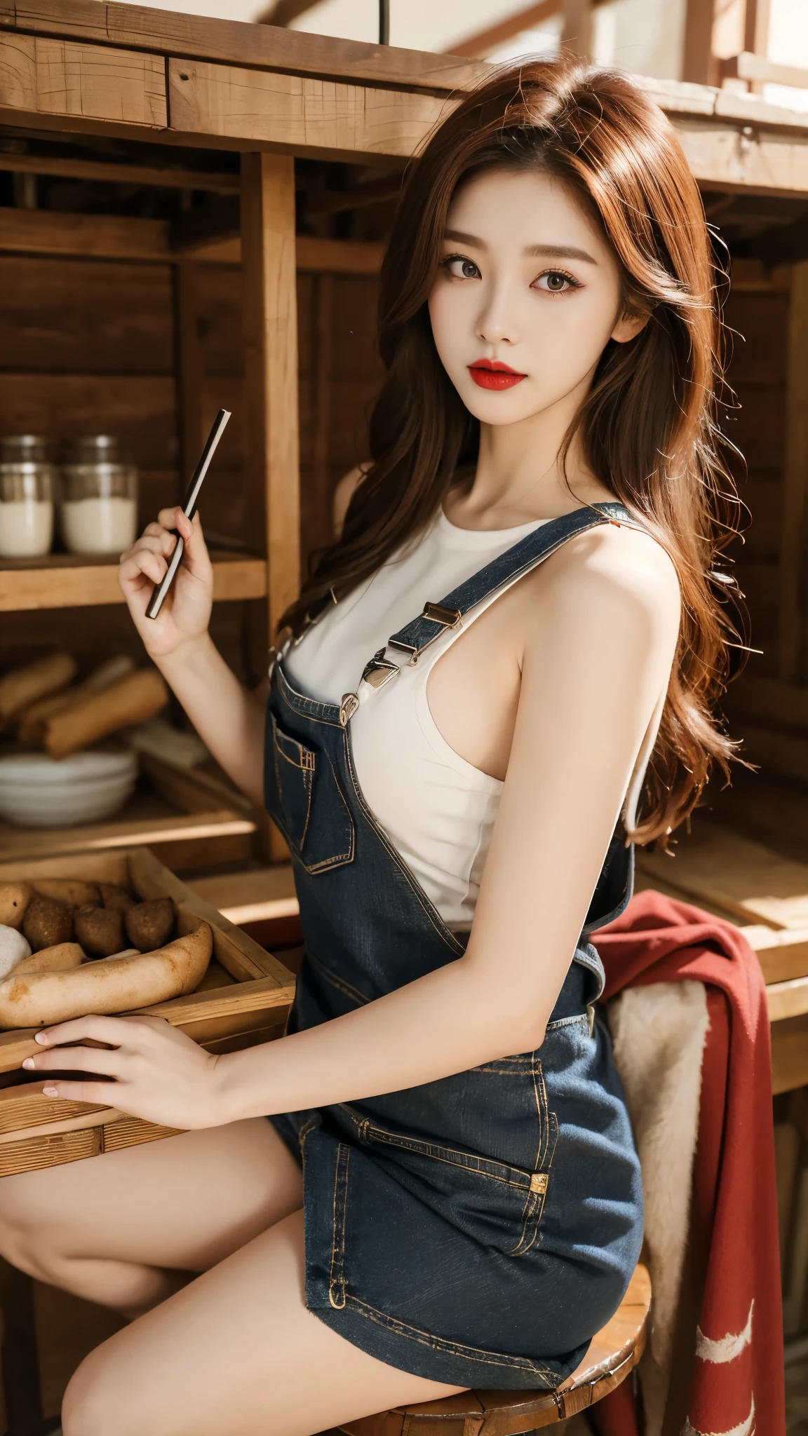 Beautiful girl, Korean makeup, Red lips, medium body, medium chest, reddish brown hair, femoral, overalls and apron outfit, Cow farm landscape, Byre, cows around,