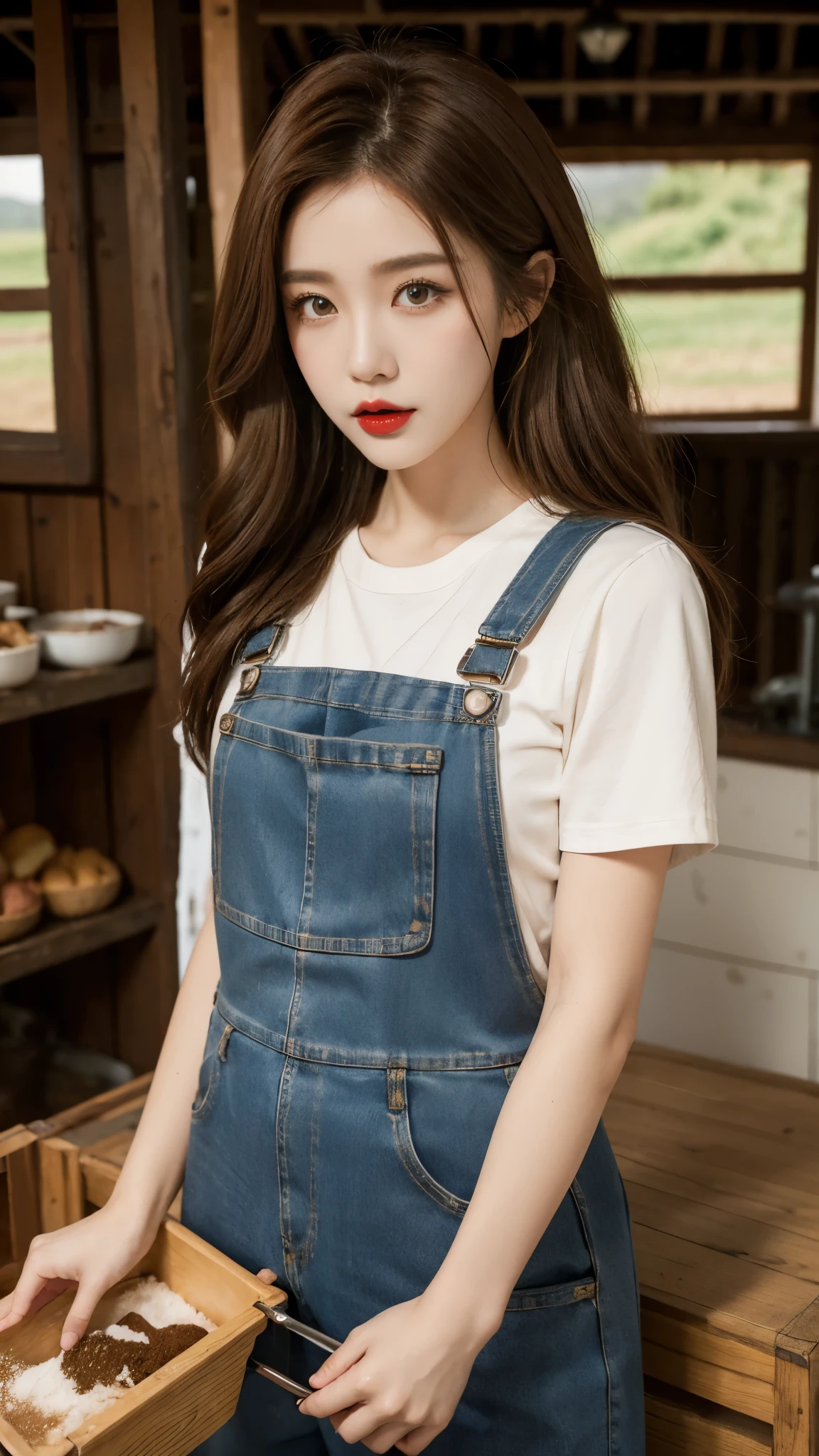 Beautiful girl, Korean makeup, Red lips, medium body, medium chest, reddish brown hair, femoral, overalls and apron outfit, Cow farm landscape, Byre, cows around, 