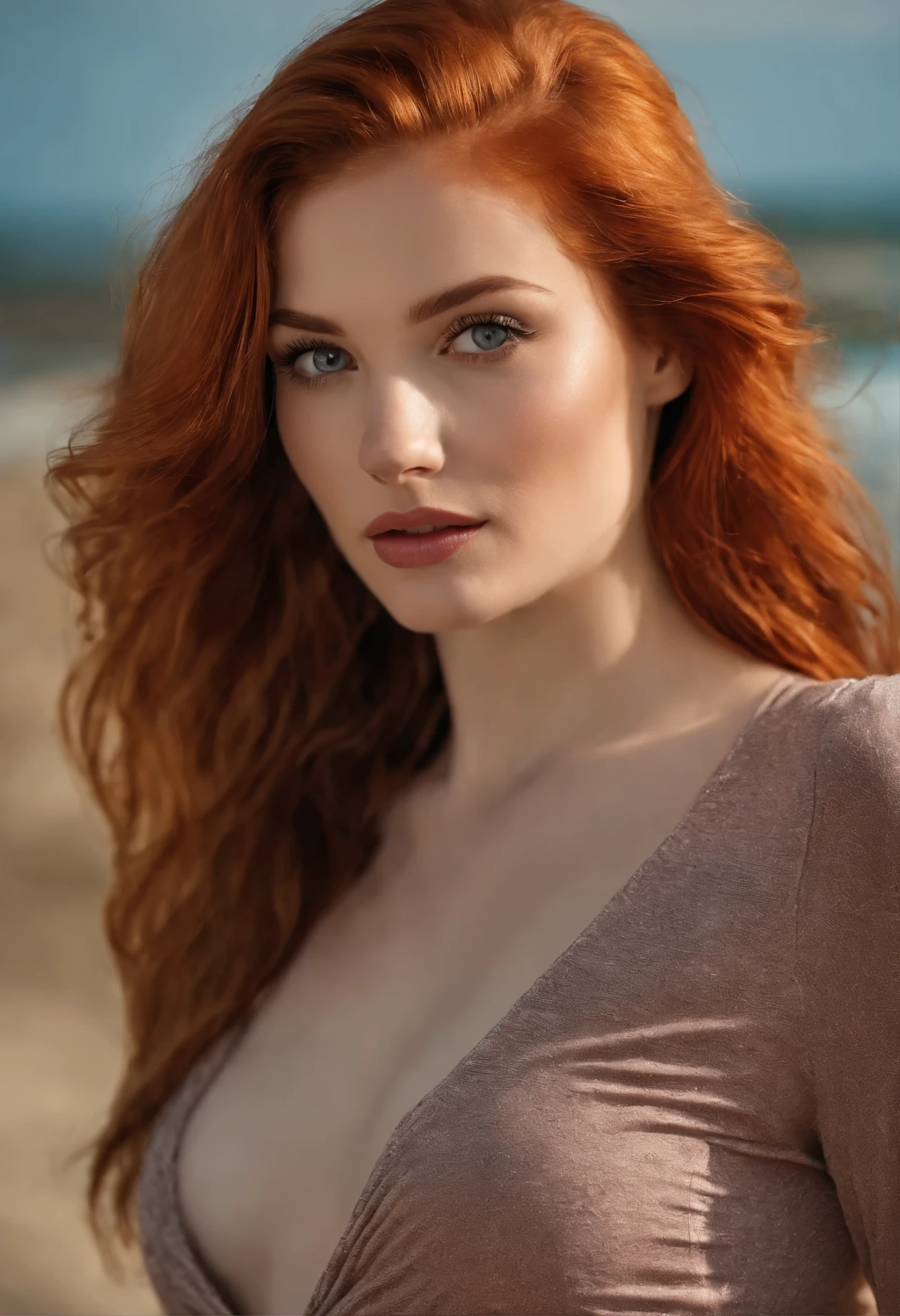 professionnel, (Photo 4K:1.1)  (mise au point nette:1.3), High detail, Porter (Chemise moulante:1.2), beautifull detailed face, An attractive woman with long red hair looks at the camera, resembling actress Katherine McNamara, Panasonic Lumix S Pro 50mm F/1.4, , photo realist, (attractive young woman:1.3), (Seductive:1.1), (rougissant:1.1), Forme du corps du sablier, Gros seins ronds, ass underlined, Accentuated ass, Rear shot, Porter une mini-jupe, corps entier, longues jambes