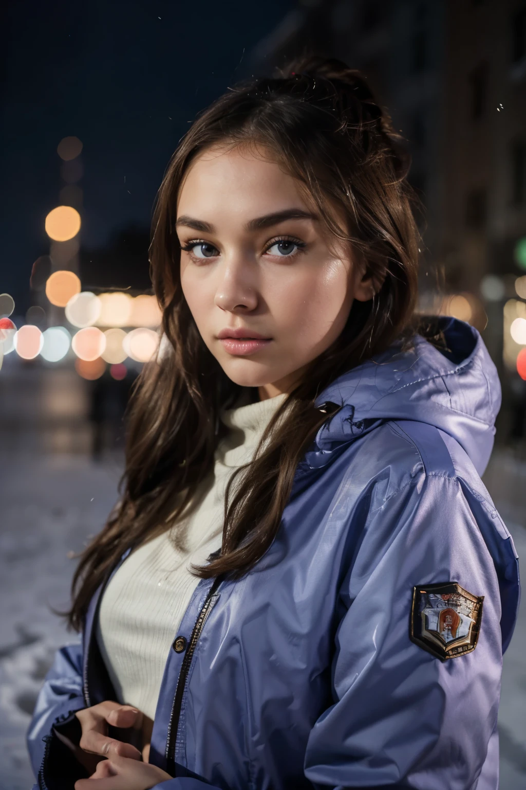 arafed woman with a jacket looking to the sky, natural makeup, sasha grey, portrait sophie mudd, 18 years old, stunning closeupheadshot, madison beer girl portrait, violet myers, she looks like a mix of grimes, very pretty model, arian mark, 8k resolution, very detailed image, blue eyes, winter, snowy night, nikon, cinematic, photo in poland, poland style,