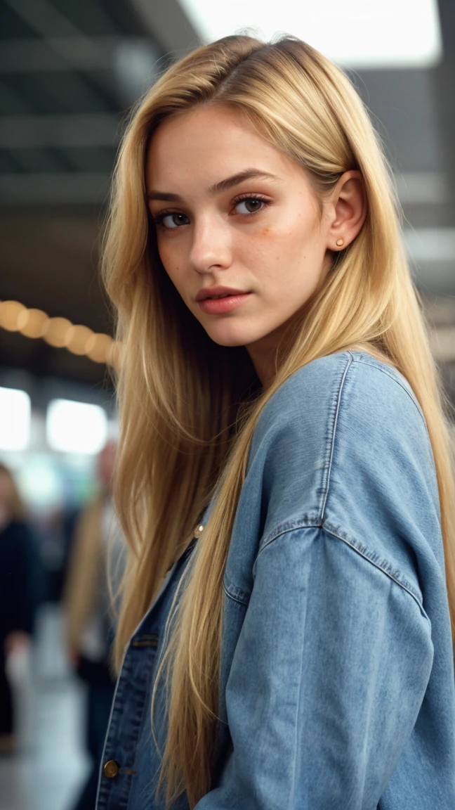 photograph of a woman, (sympathetic facial expression), textured skin, goosebumps, blonde half-up half-down hair, with jeans and a oversized sweater,sexy, perfect body, she doesn't look at the camera, in the airport of London as a background, in the departures board, perfect eyes, ((hard lighting:1.4)), Velvia 100 color, shot on Cinestill 800T, wide shot with blured people at the backround, shot by Manuela Marques